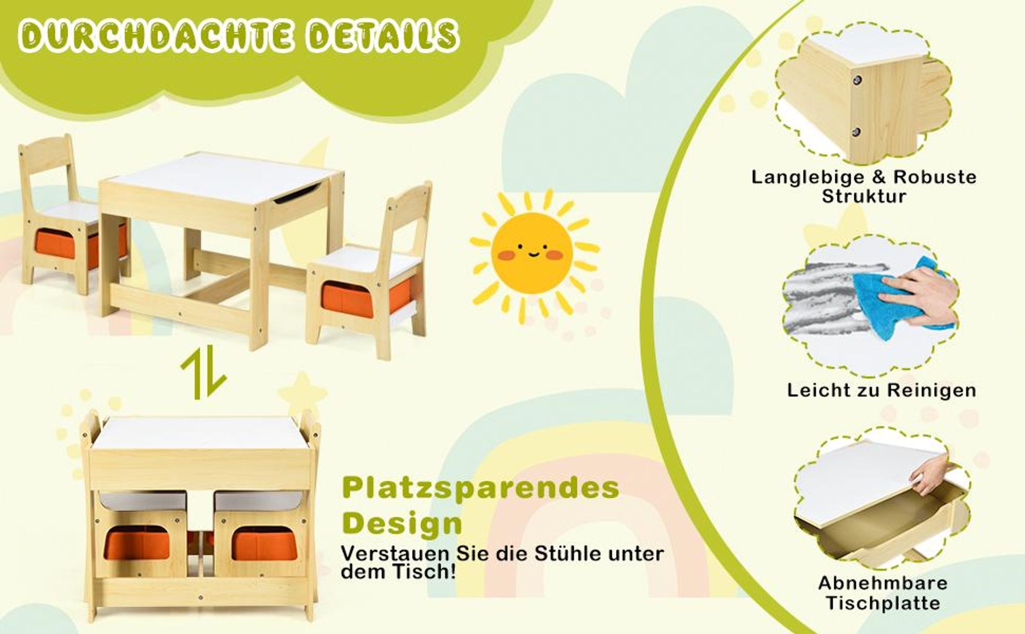 COSTWAY 3 TLG. Kindersitzgruppe, Kindertisch mit 2 Stühlen, Stauraum, Kreidetafel & Whiteboard, Kindersitzgarnitur für Kleinkinder von 3-7 Jahren