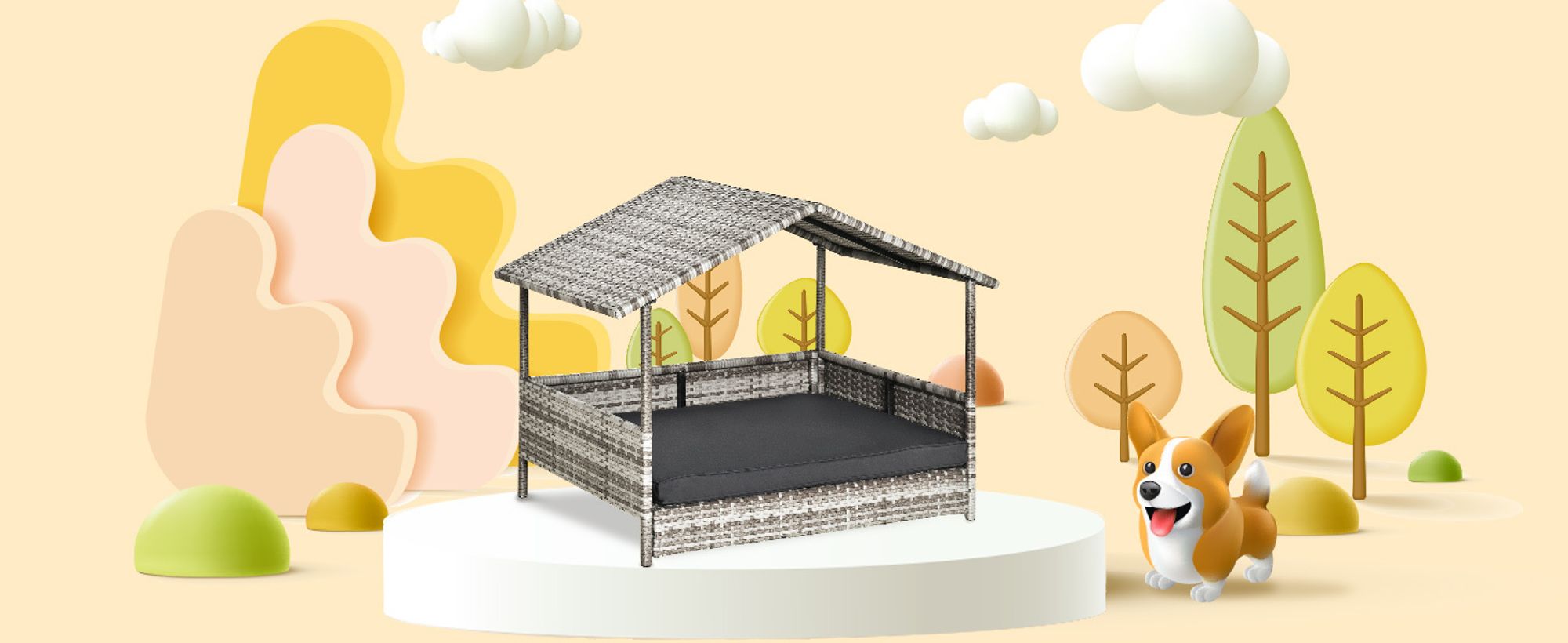 PawHut Rattan Hundehaus Hundebett mit Kissen Hausform Outdoor Hundehütte Grau
