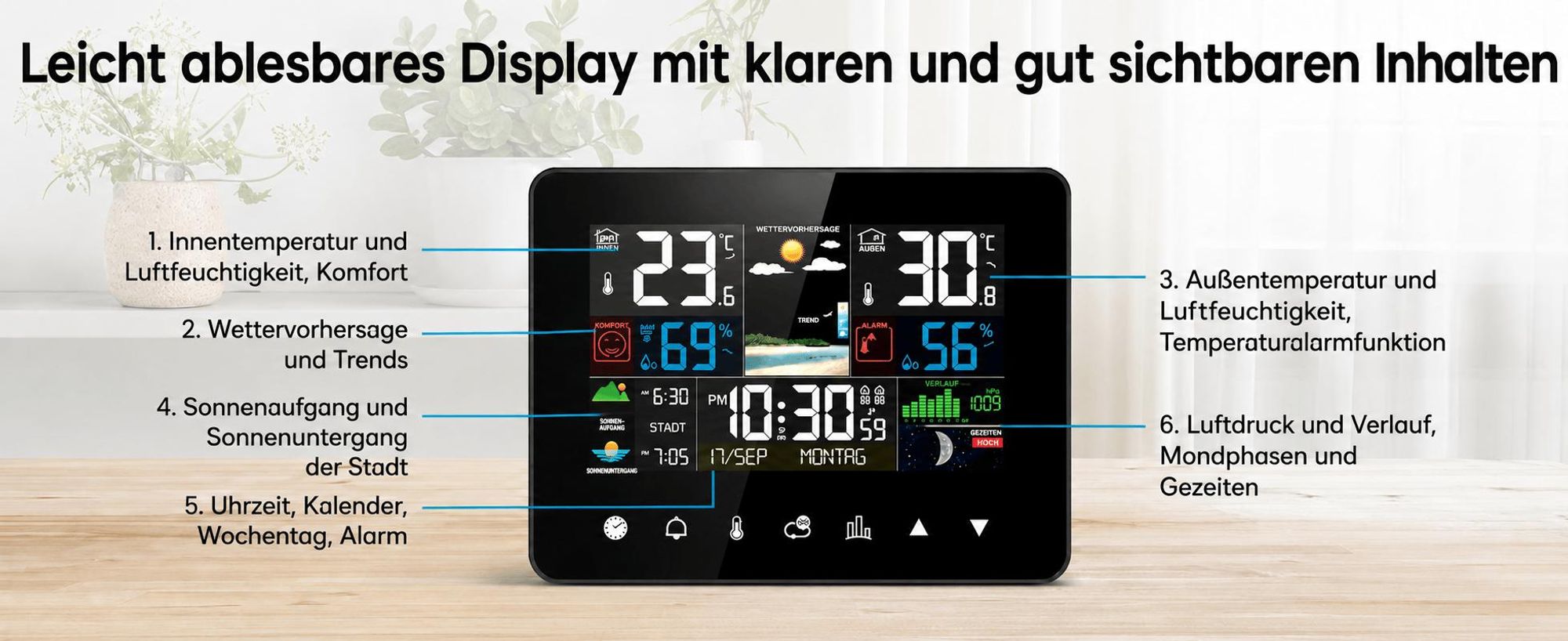 LCD Funk-Wetterstation mit Außensensor, Großes Touchscreen Farbdisplay, Wecker Funkuhr Kalender Vorhersage Hygro