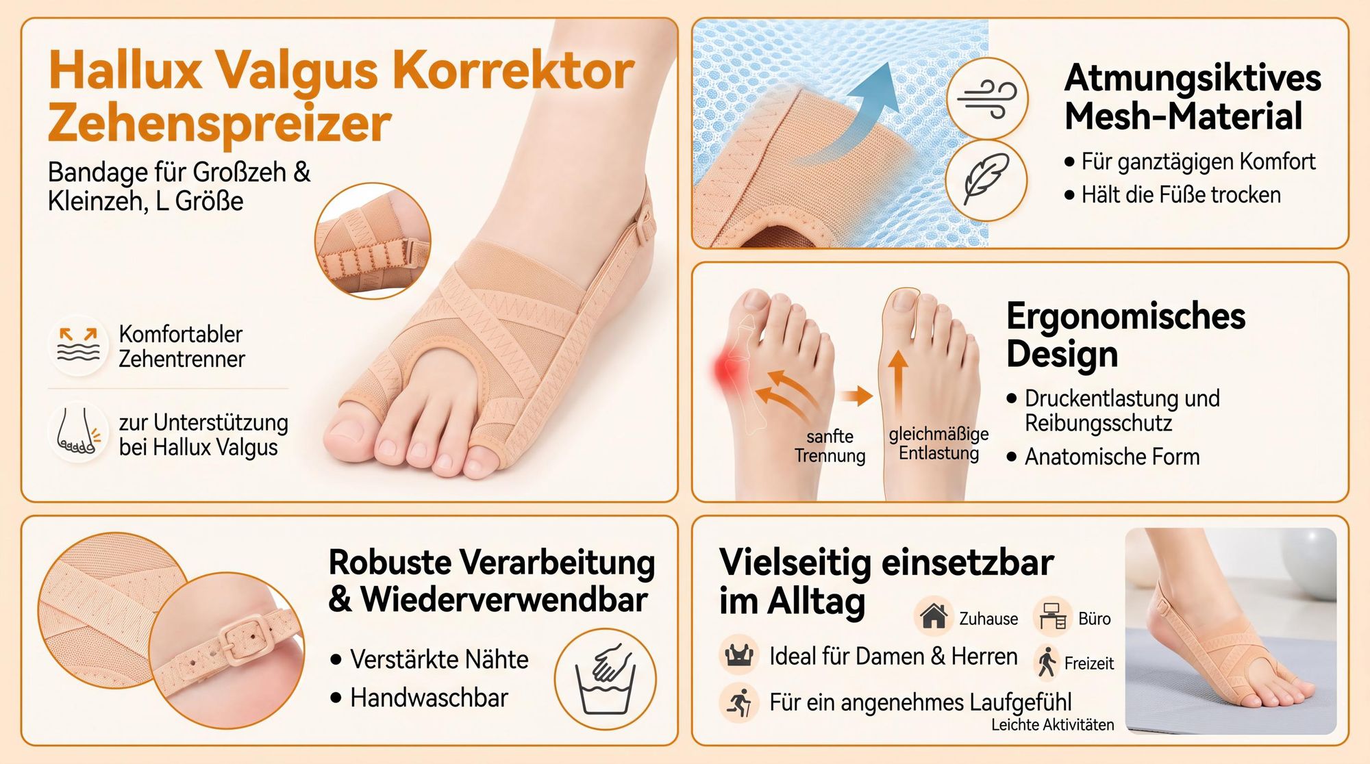 Hallux Valgus Korrektor Zehenspreizer Bandage für Großzeh & Kleinzeh, Druckentlastung & Reibungsschutz, atmungsaktiv, L Größe für Damen & Herren