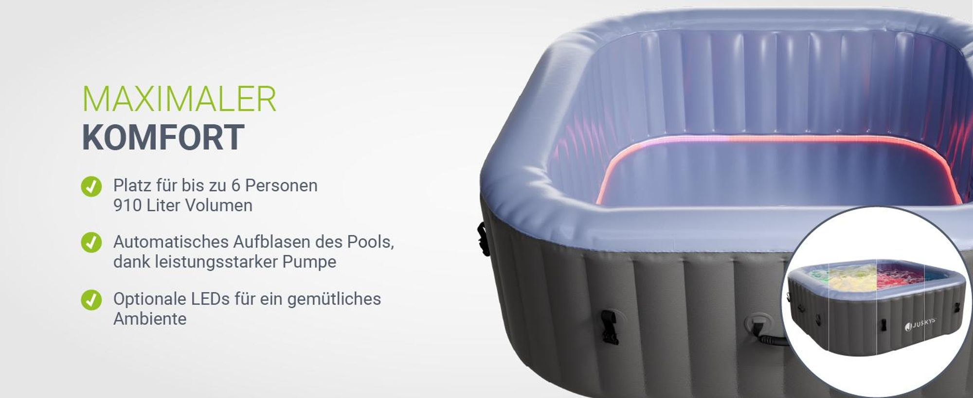 Juskys® Whirlpool SpaLuxe inkl. LED-Beleuchtung Grau/Blau - 3000W, 130 Düsen, aufblasbar