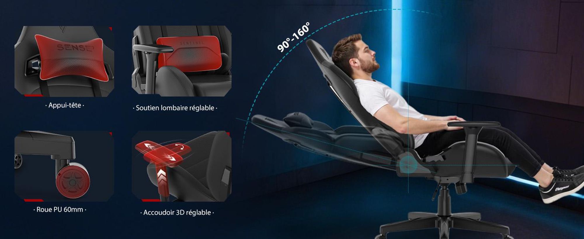 Fauteuil gaming SENSE7 Sentinel noir et gris - Fauteuil de bureau ergonomique, supportant jusqu'à 150 kg, accoudoirs 3D, fonction bascule, fauteuil de direction, fauteuil pour PC