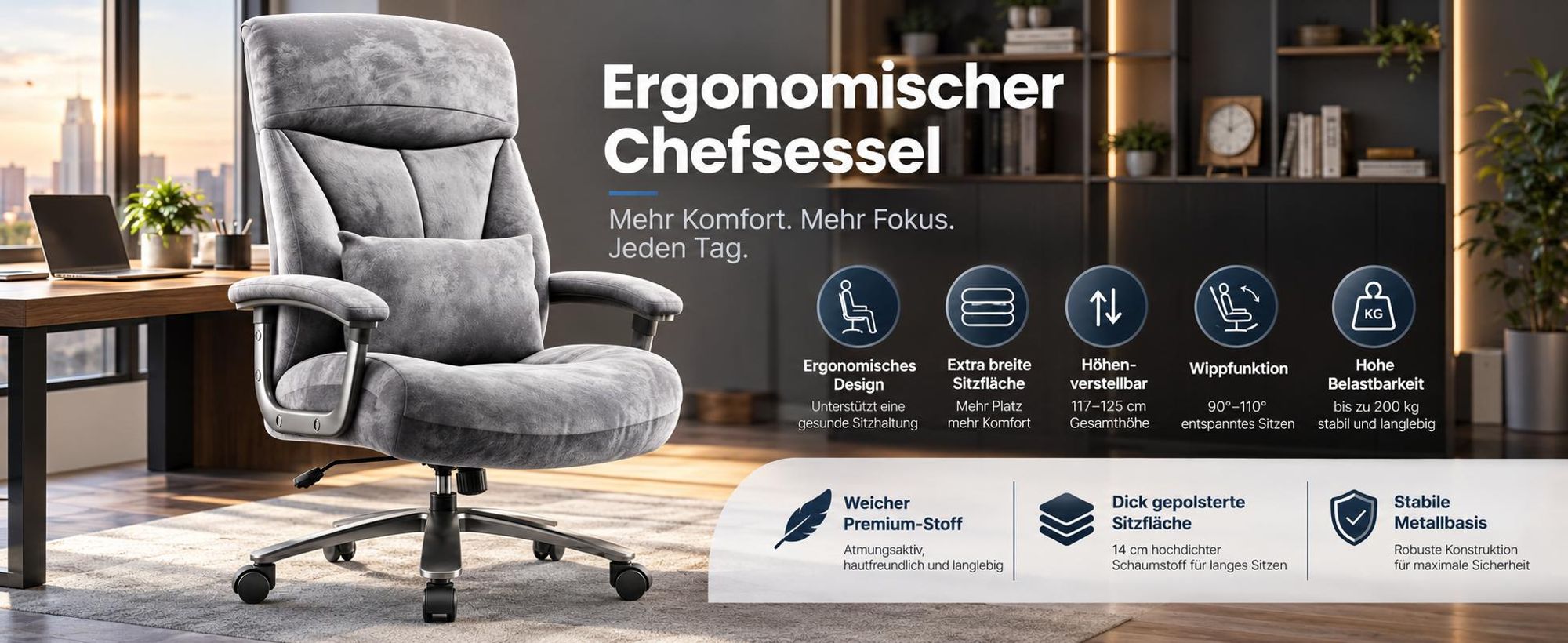 Ergonomischer Chefsessel, breite Sitzfläche, höhenverstellbar, 90–110° Wippfunktion, bis 200 kg