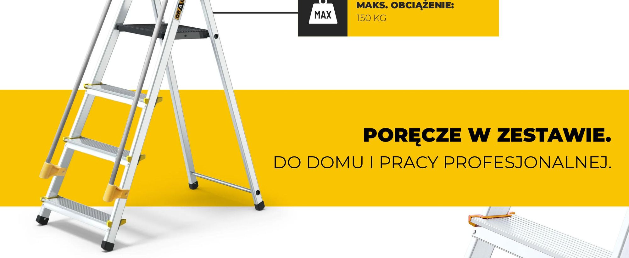 Drabest | Drabina - 4 stopnie, nośność 150kg - Drabina z poręczami, drabina aluminiowa, antypoślizgowe nóżki, drabina schodkowa, drabina składana