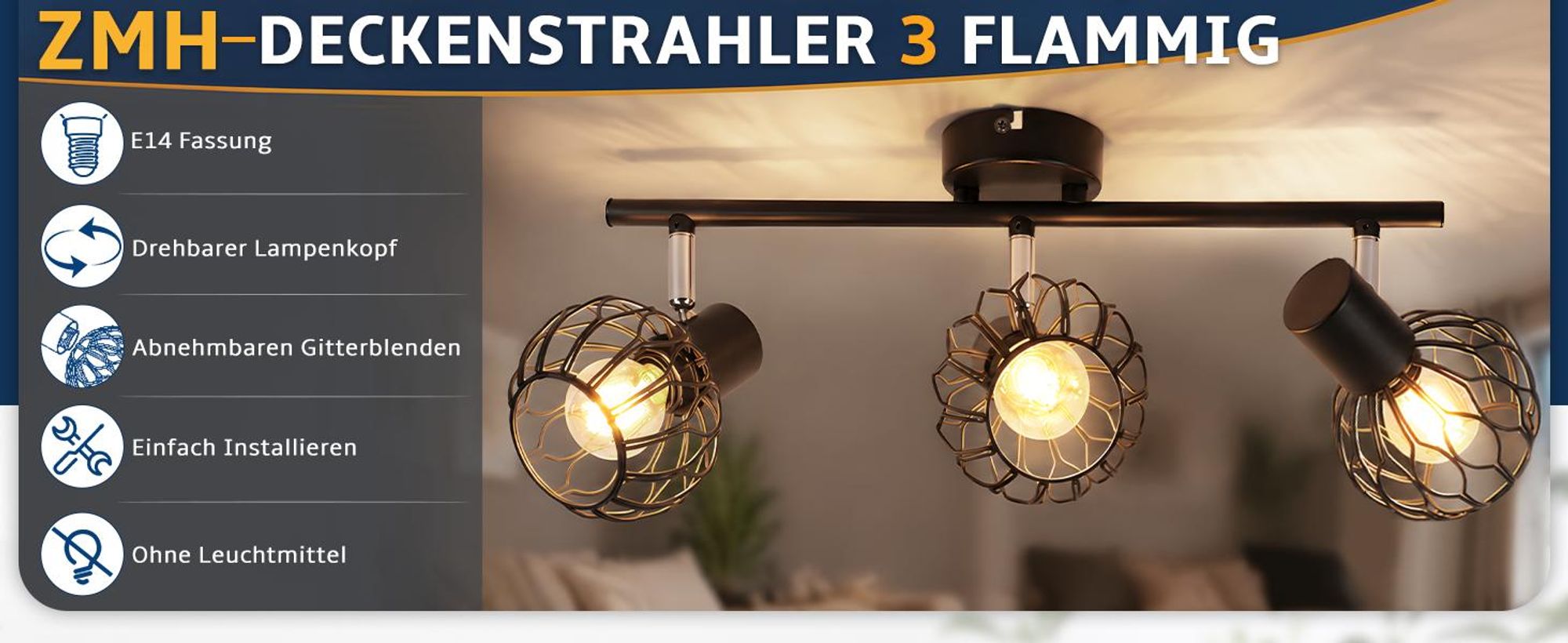 ZMH LED plafondspot met 3 lampen, zwart, E14, metalen behuizing. Keukenlamp, 350° verstelbaar. Geschikt als woonkamerlamp, plafondspots, binnenverlichting, voor de hal of keuken