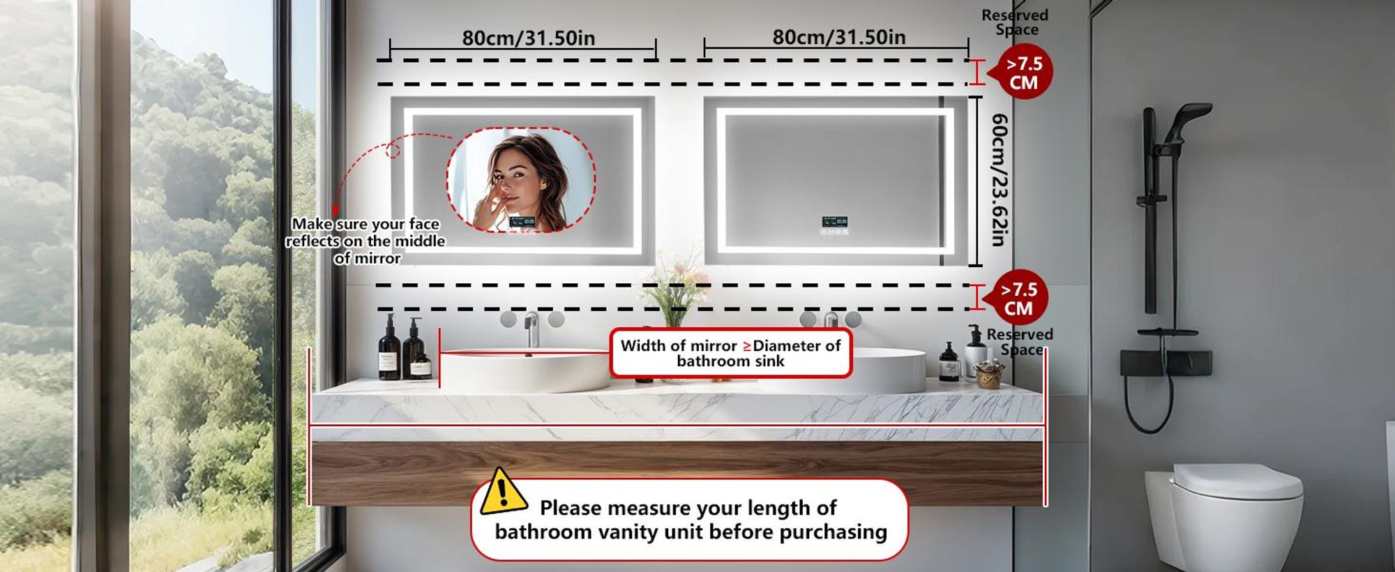 WISFOR LED Badspiegel mit Bluetooth Lautsprecher, 80x60cm Badezimmerspiegel mit Beleuchtung 3 Lichtfarbe, LED Wandspiegel dimmbar beschlagfrei