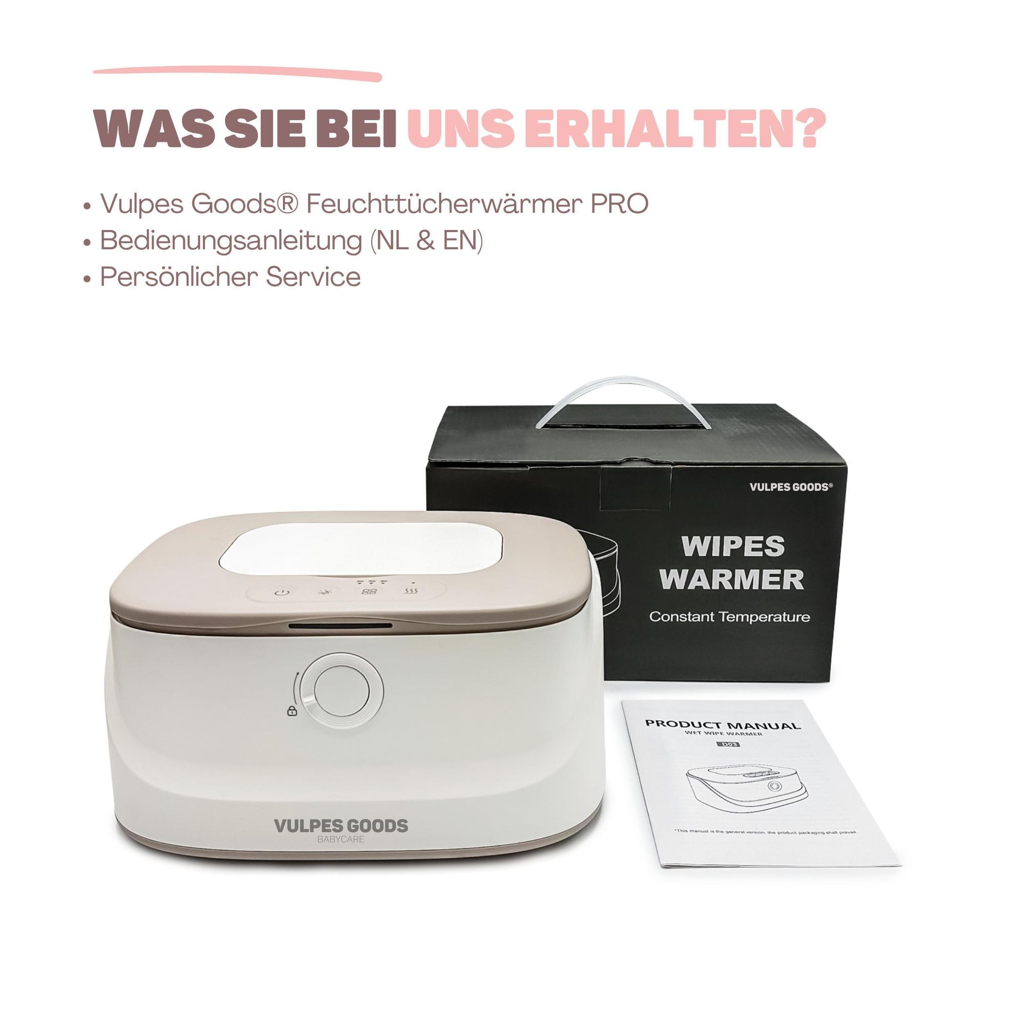 Vulpes Goods Feuchttücherwärmer, Feuchttücherbox, 3 Wärmestufen & schnelle Erwärmung, Konstante Temperatur, Nachtlichtfunktion