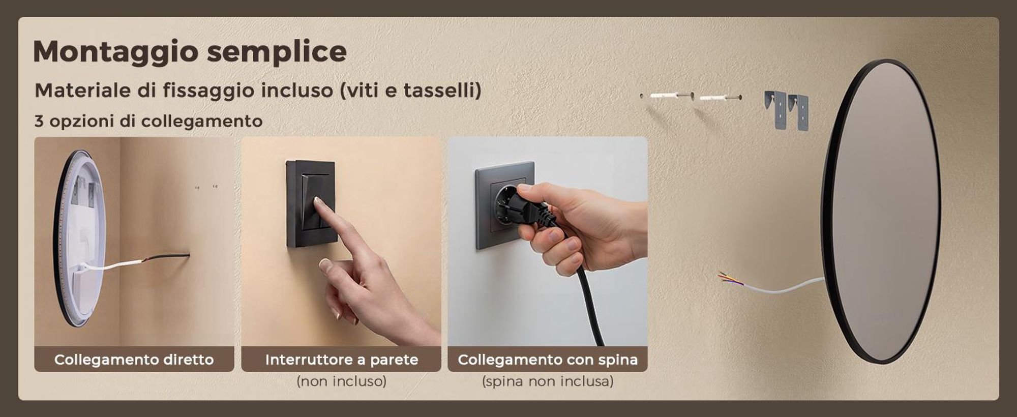 S'AFIELINA Specchio Bagno LED Rotondo 80 cm, Cornice Nera, 3 colori di luce, luminosità regolabile, antiappannamento, orologio e temperatura