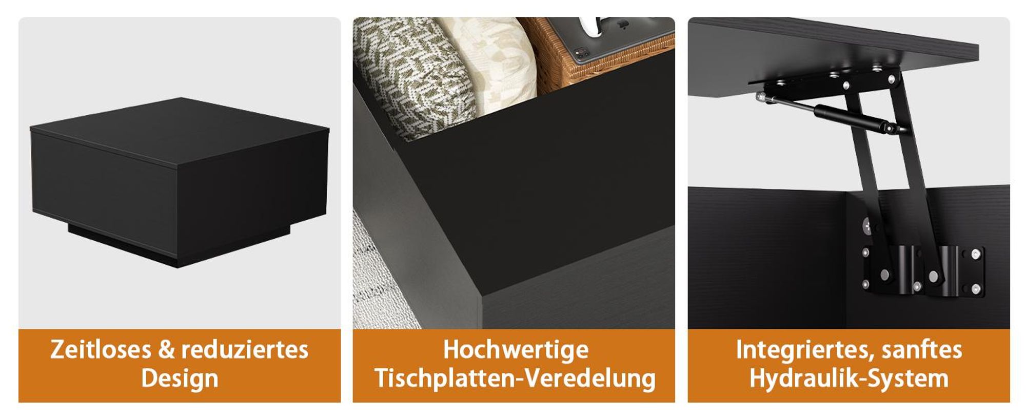 FABATO Couchtisch eckig, höhenverstellbar mit verstecktem Staufach, Landhaus-Design in Schwarz