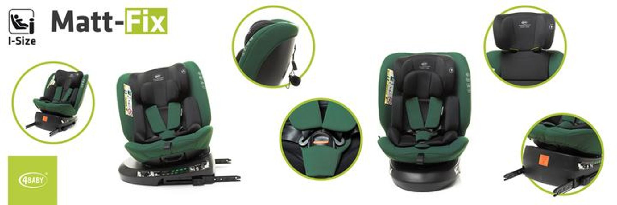 4BABY Kindersitz drehbar 360 ISOFIX Matt-Fix I-SIZE verstellbare Kopfstütze Sitz 0-36kg, 40-150 cm DarkGreen