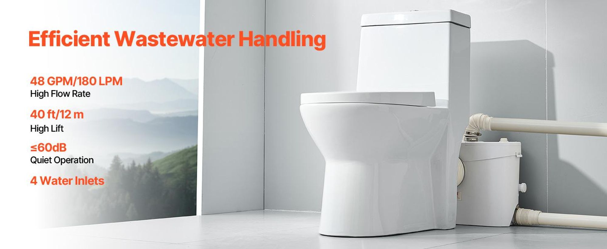 VEVOR Zerkleinerungspumpe, 700W, 9600 L/h Durchfluss, 10 m Förderhöhe, Zerkleinerung Abwasser Hebepumpe mit 3 Wasseranschlüssen für Toilette, Keller, Küche, Spüle, Dusche, Badewannen Abwasserentsorgung Hebemaschine, Bodenstehende Toilette-b, 900W
