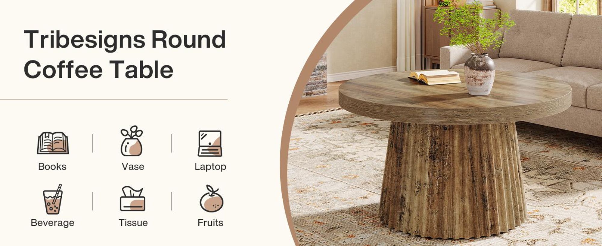 Tribesigns Runder Couchtisch, 80 cm Moderner Wohnzimmertisch mit geriffelter Trommelbasis & Holzoptik, Kaffeetisch für Wohnzimmer, Braun