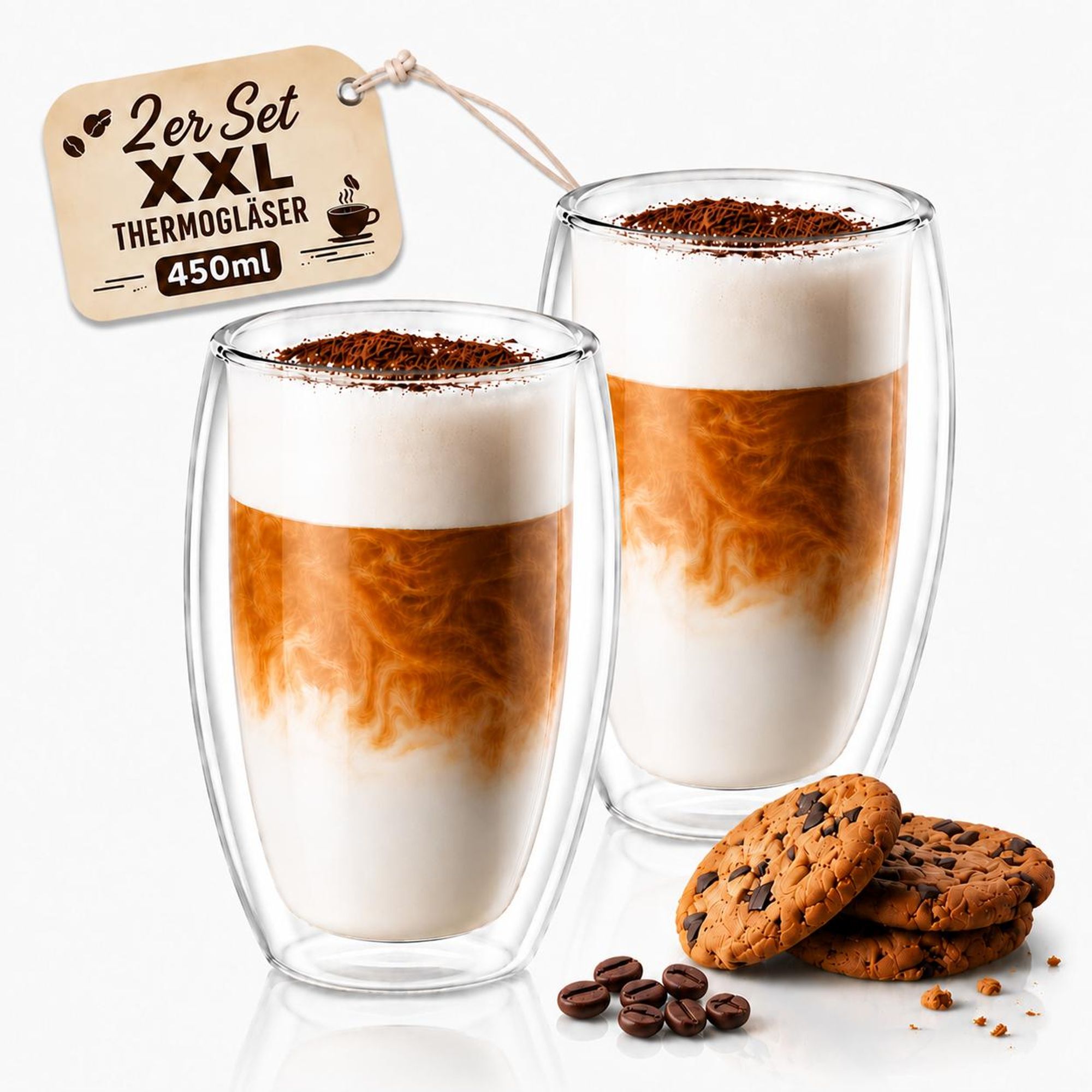 2x Latte Macchiato Gläser doppelwandig 450ml Cappuccino Tassen - aus Borosilikatglas - Spülmaschinenfeste Teegläser Kaffeetassen Set - Thermogläser