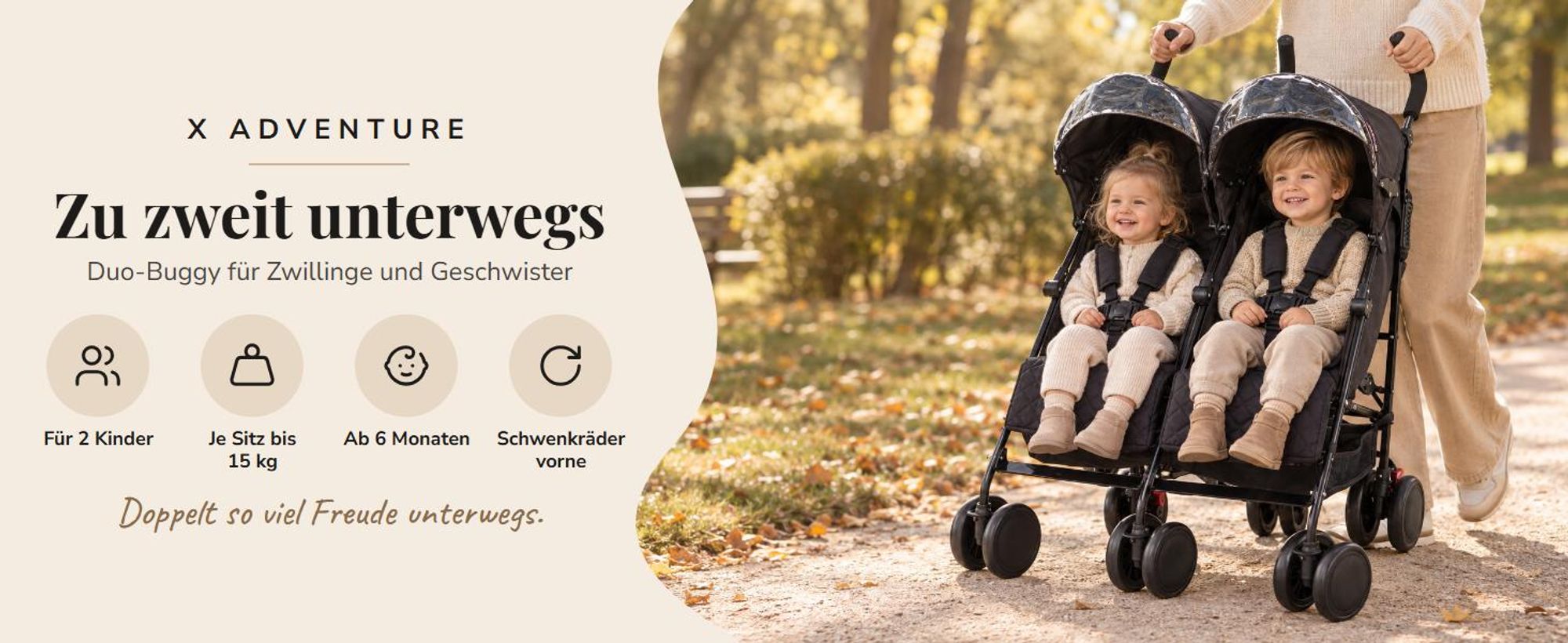 X Adventure Duo Buggy Schwarz – Geschwisterwagen für zwei Kinder nebeneinander, unabhängig verstellbare Sitze, 2 Sonnendächer, ab ca. 6 Monaten