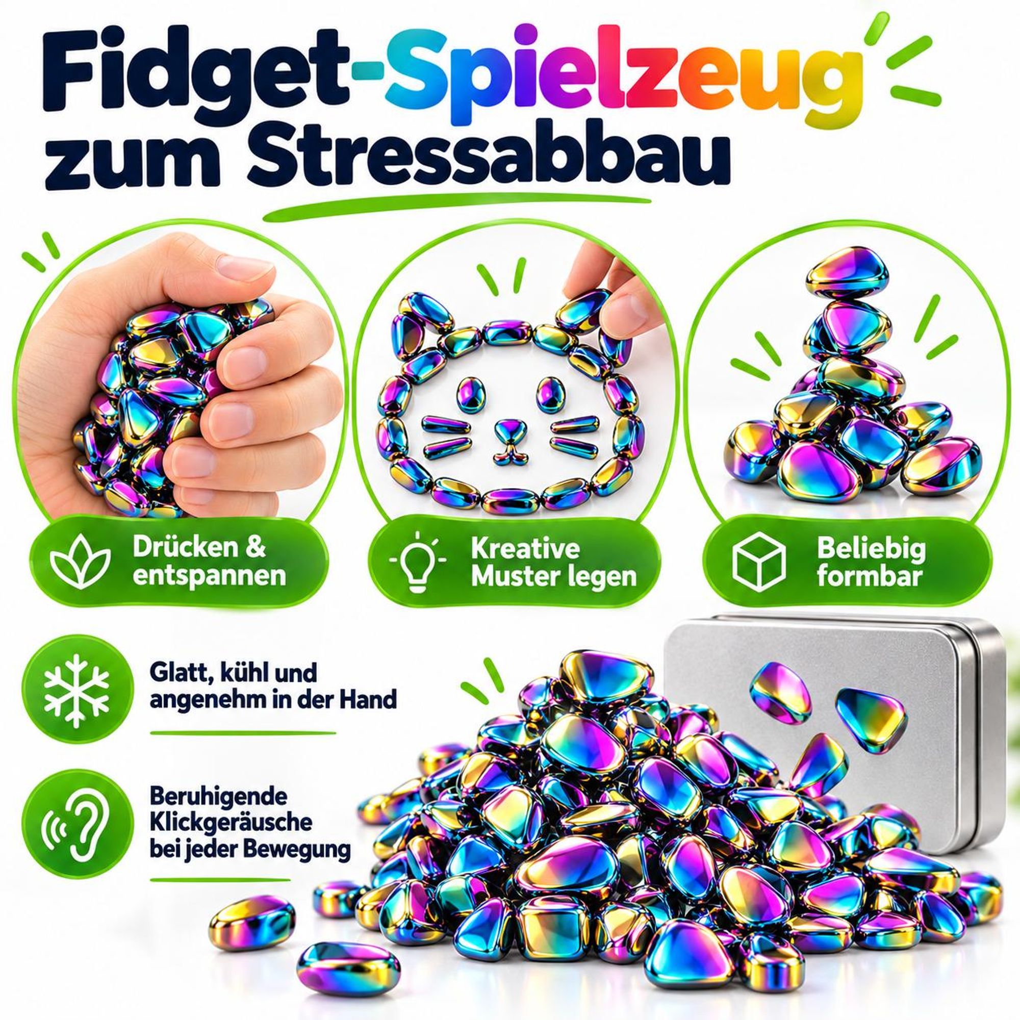 500+ Magnetische Fidget Steine mit Metallbox – Magnetspiel zum Formen & Kneten – Regenbogen Magnetsteine für Erwachsene