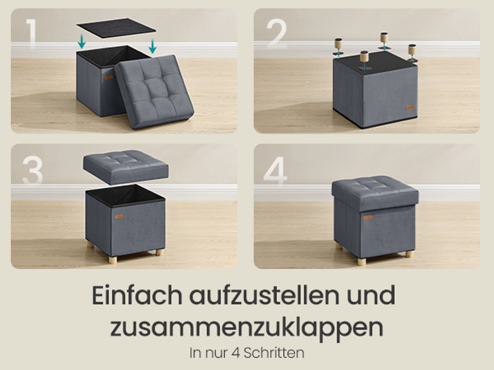 SONGMICS Sitzhocker mit Stauraum, Hocker faltbar, 38 x 38 x 40 cm, Aufbewahrungsbox mit Deckel, Fußhocker 37 L, Samt, bis 300 kg belastbar