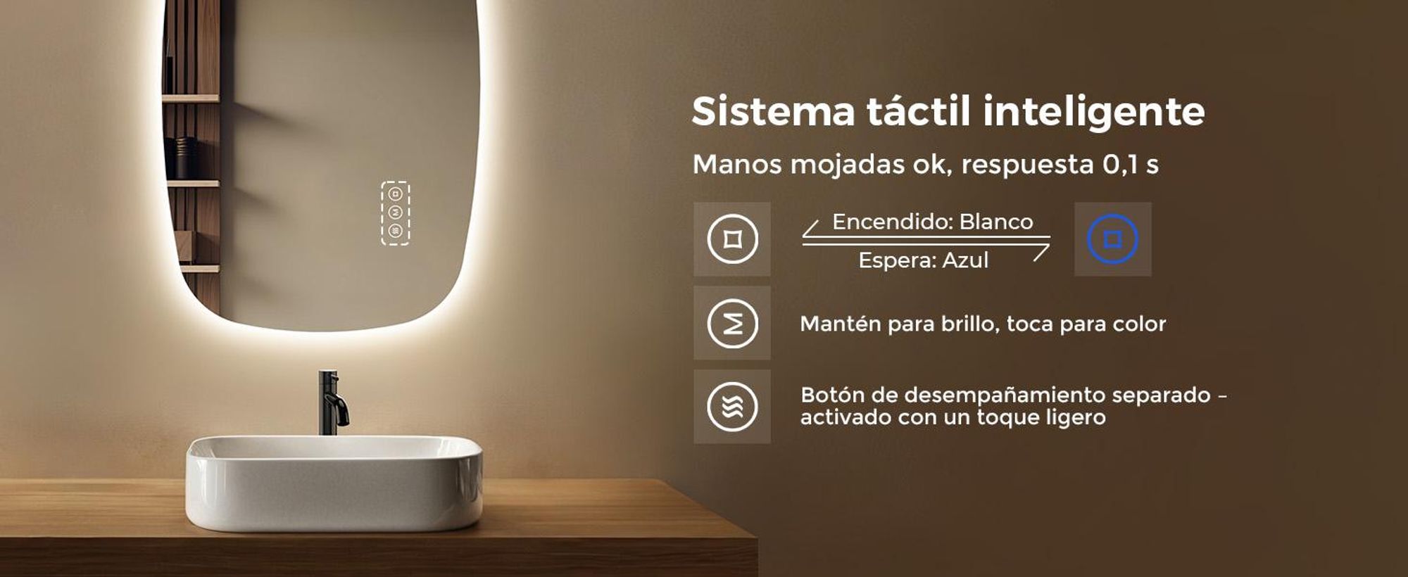 Espejo de pared LED S'AFIELINA, 80x50 cm – Espejo de baño con iluminación, vidrio HD, regulable, LED de 3 colores, antiniebla, para colgar horizontal o verticalmente