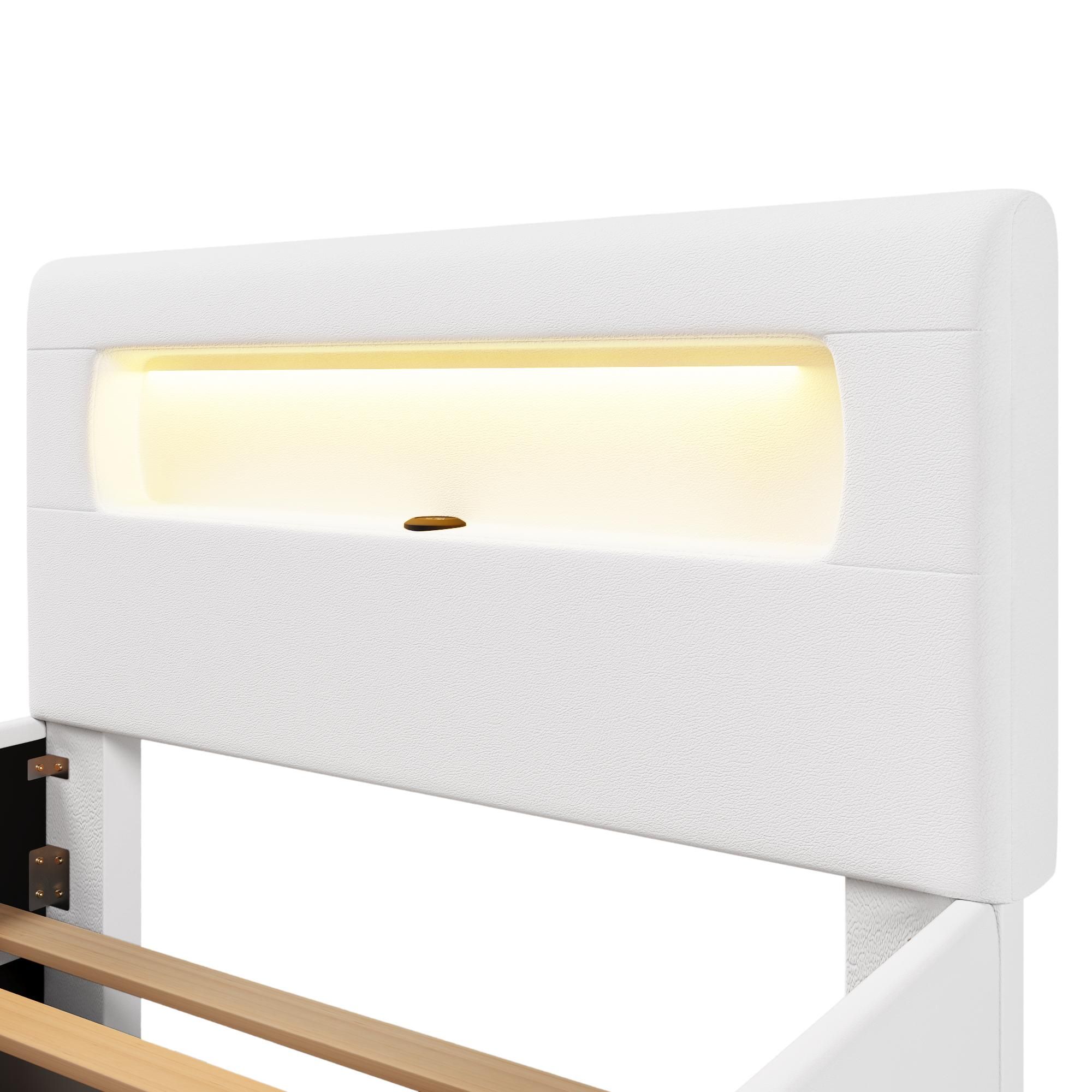Merax Polsterbett Kinderbett 90x200 cm mit LED-Lichtleisten, Treppe, Schublade und Aufbewahrungstaschen, Plattformbett, Jugendbett, Flachbett, Weiß