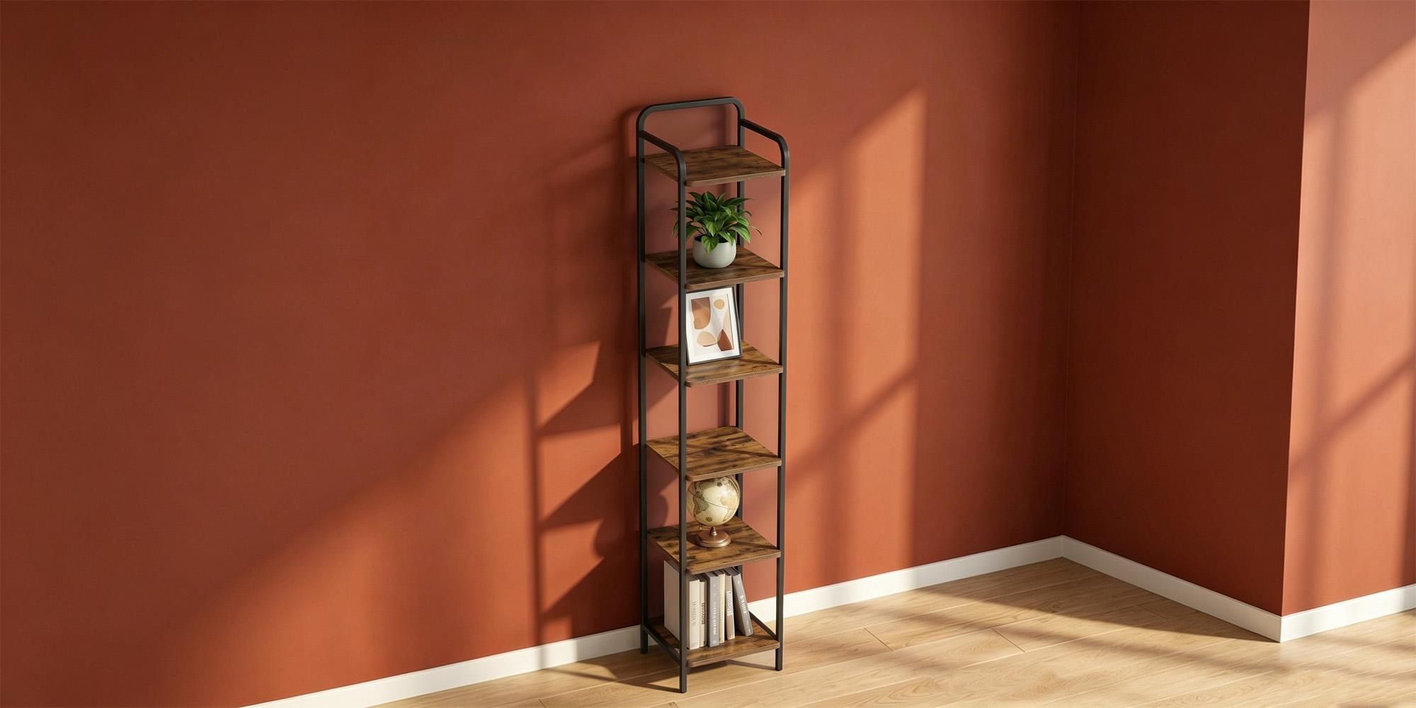 Schmales Regal 6 Ebenen, 30 x 33 x 166 cm, Vintagebraun-Schwarz | Bücherregal, Standregal, Eckregal, für Wohnzimmer Büro Schlafzimmer Küche