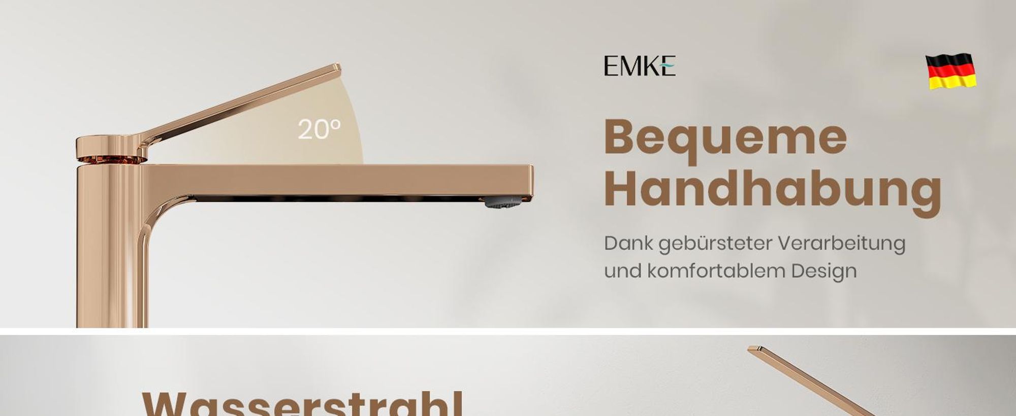 EMKE Wasserhahn Bad Roségold 335x233x46mm, Messing, Keramikkartusche, Badarmatur, Mischbatterie Waschbecken-Armatur, Waschtischarmatur