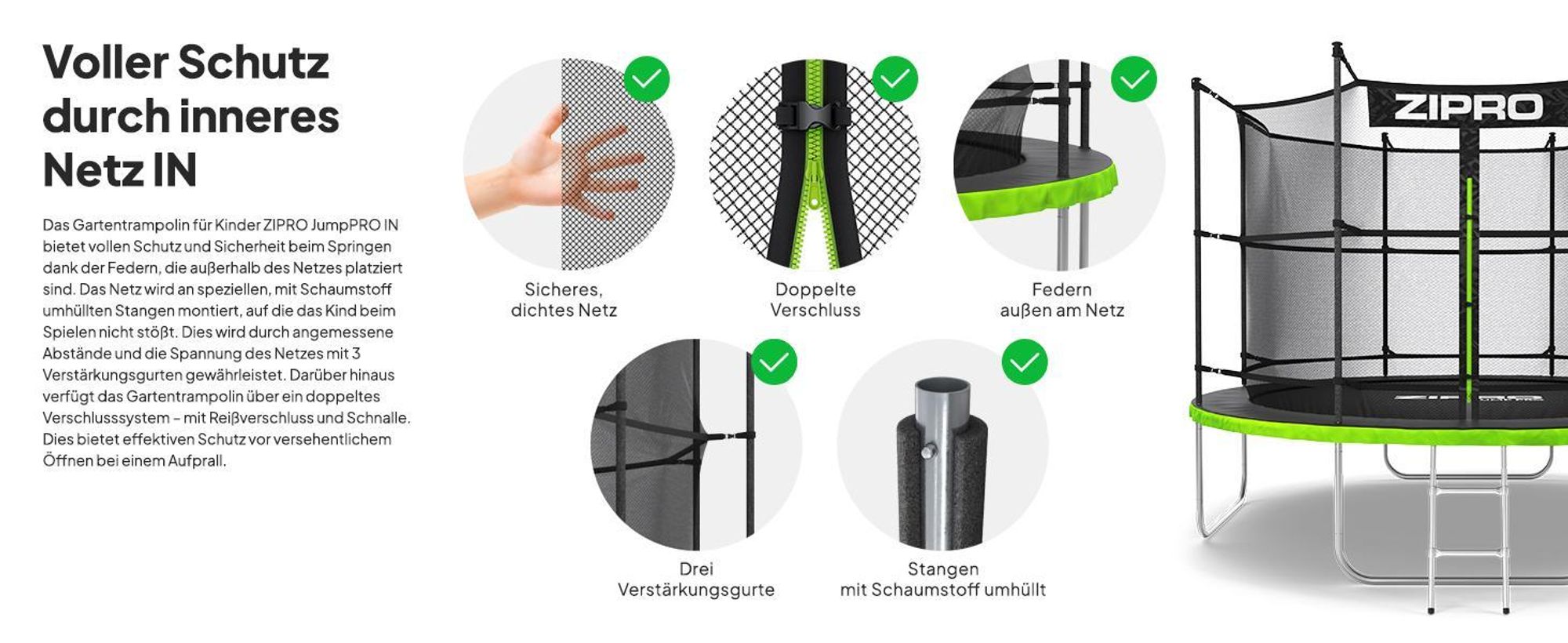 ZIPRO Trampolin Jump Pro IN | 10FT Ø 312 cm | Gartentrampolin Kindertrampolin Komplett-Set inkl. Innennetz, Leiter & Randabdeckung, Outdoor, Grün