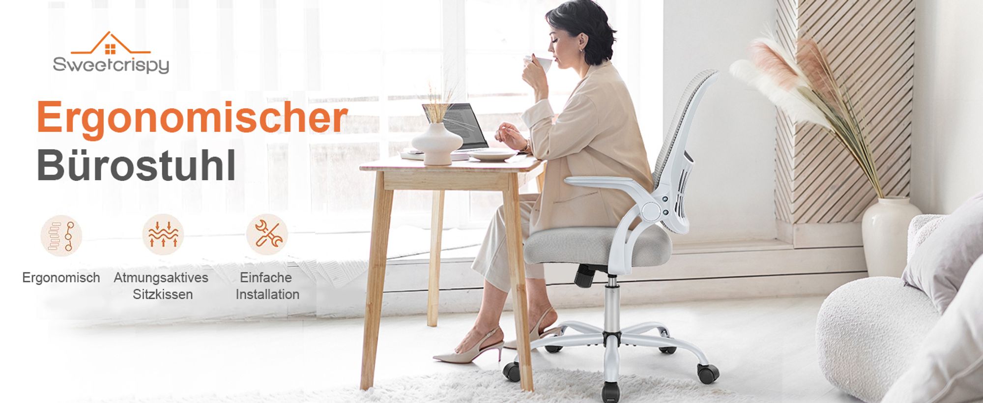 Bürostuhl – Ergonomischer Sitz – Sessel mit 90° klappbarer Armlehne – Lordosenstütze – höhenverstellbar - Drehstuhl - Chefsessel  - Grau