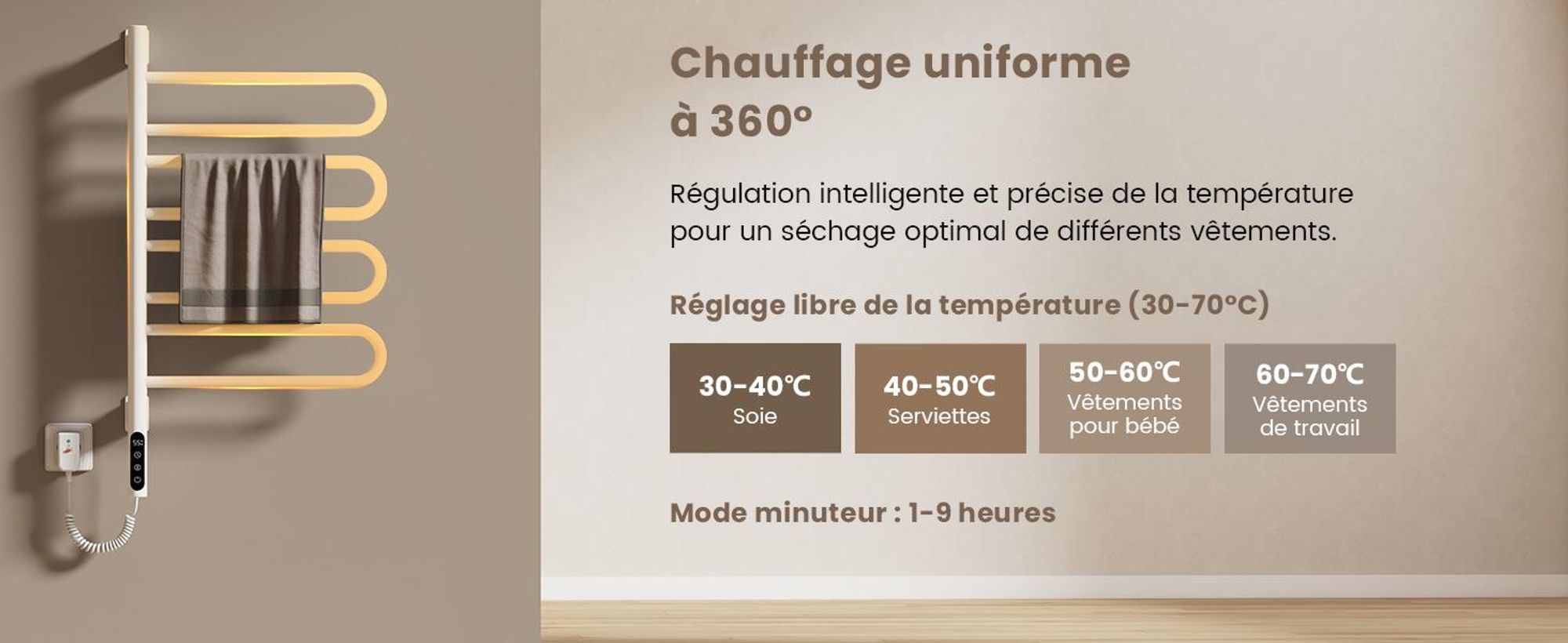 EMKE Chauffe-serviettes Électrique 780 x 430 x 90mm 130W pivotant Tube en U Intelligent Touch LCD Tuya Alexa Radiateur de salle de bains blanc