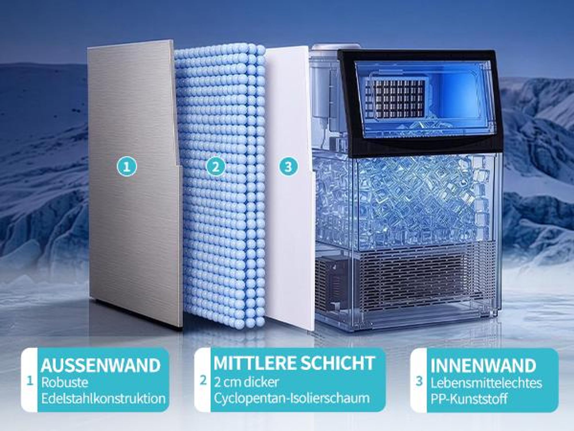 FCH Gewerbliche Eiswürfelmaschine, 50 kg/24 Std. Edelstahl Untertisch-Eismaschine mit 23 kg Eislagerkapazität