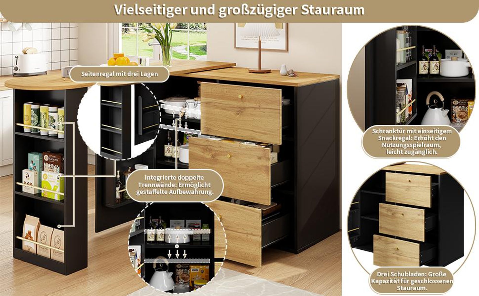 Flieks Stehtisch 360°drehbar, ausziehbarer Bartisch mit Holzmaserung, Essbar 138-204x39x104 cm, Esstisch mit Sideboard, schwarz + Holzfarbe
