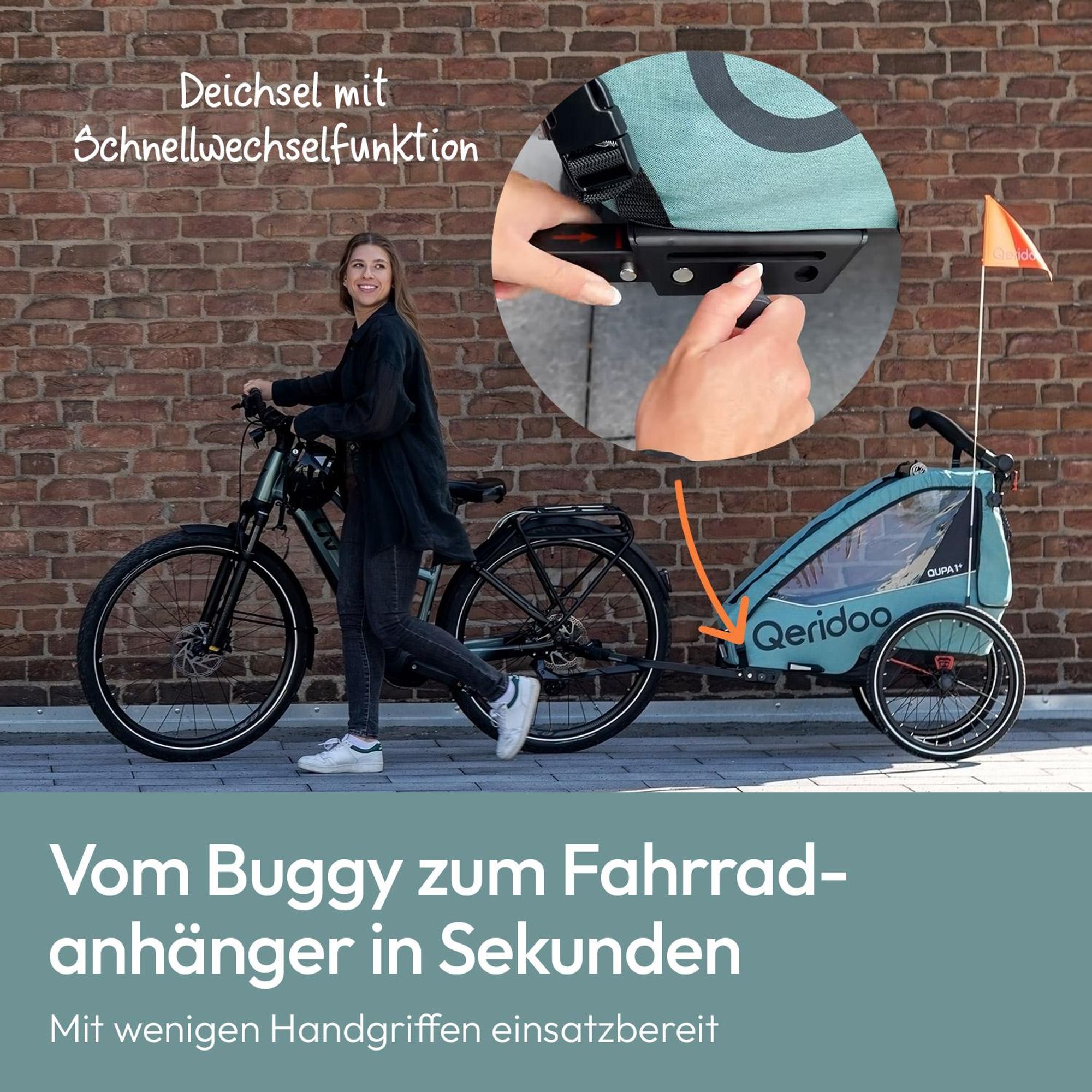 Qeridoo QUPA Plus 1 - Kinderfahrradanhänger für 1 Kind, Farbe: Mineral Blue