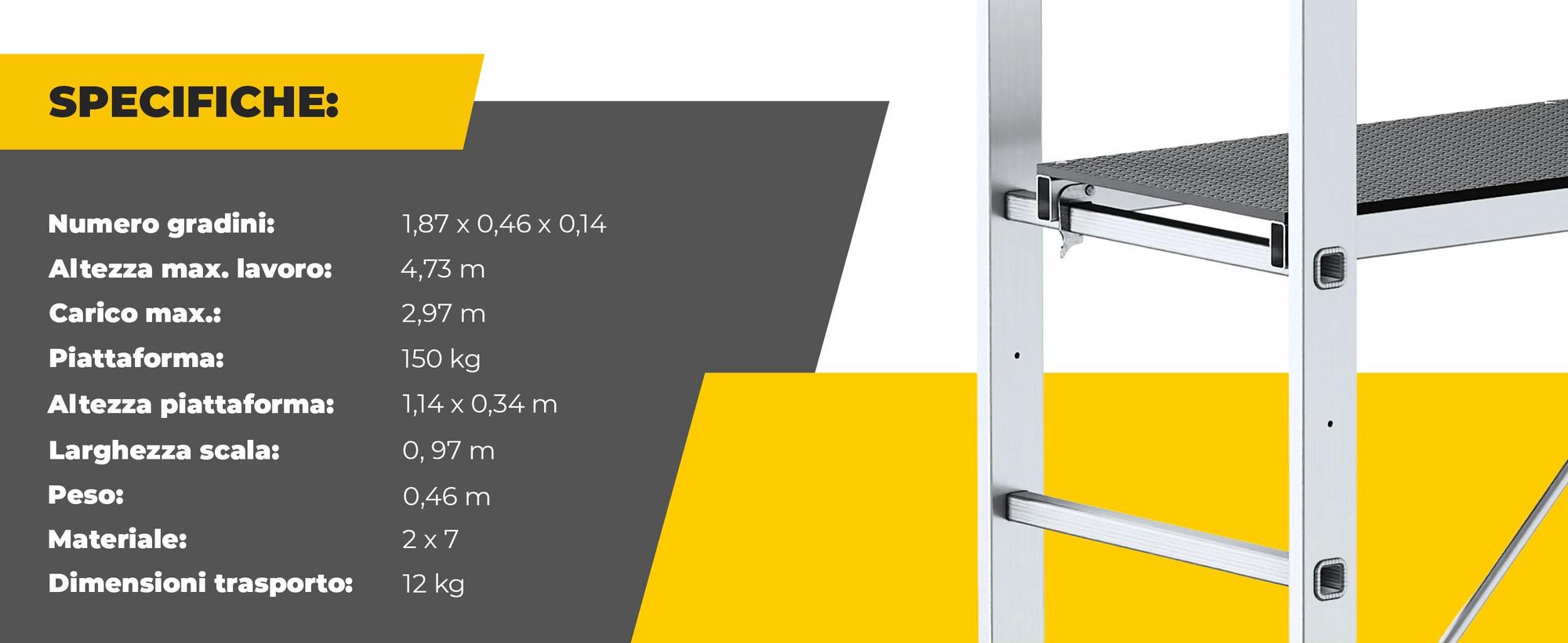 Drabest | Scala multiuso + ponteggio BASIC - ponteggio a scala 2x7, capacità di carico della piattaforma: 150 kg, dimensioni della piattaforma: 33x114