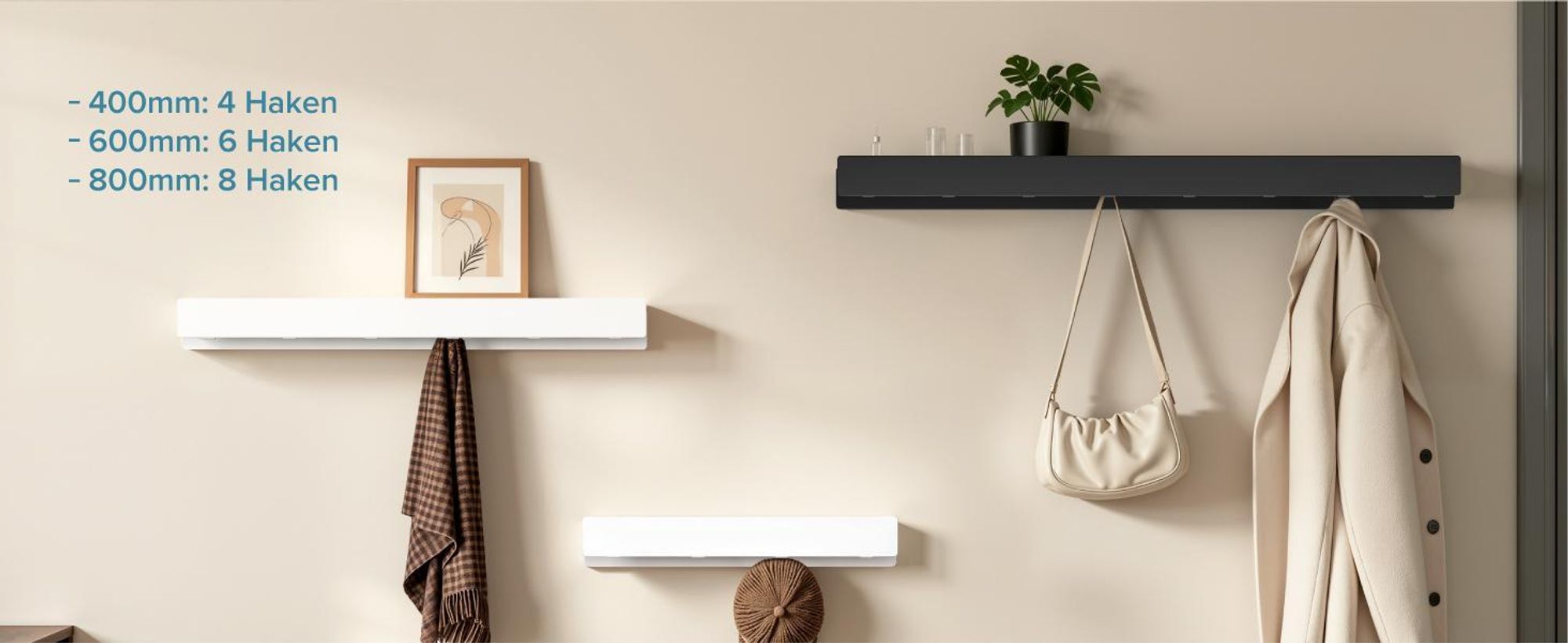 doporro Wandgarderobe mit Ablage, Garderobenleiste 80 cm mit 8 Garderobenhaken Schwarz, Kleiderhaken Wand zum Schrauben oder Kleben, Stalo-11