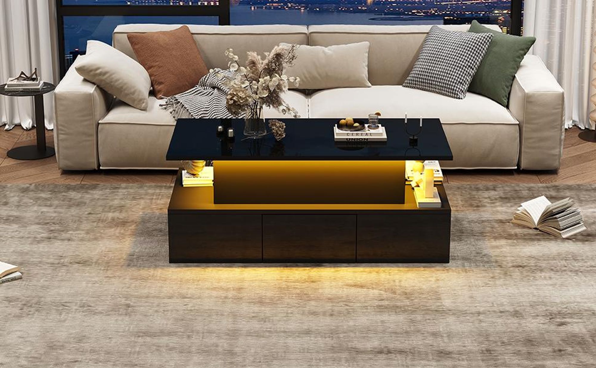 Hochglanz Couchtisch mit verstecktem Stauraum und LED