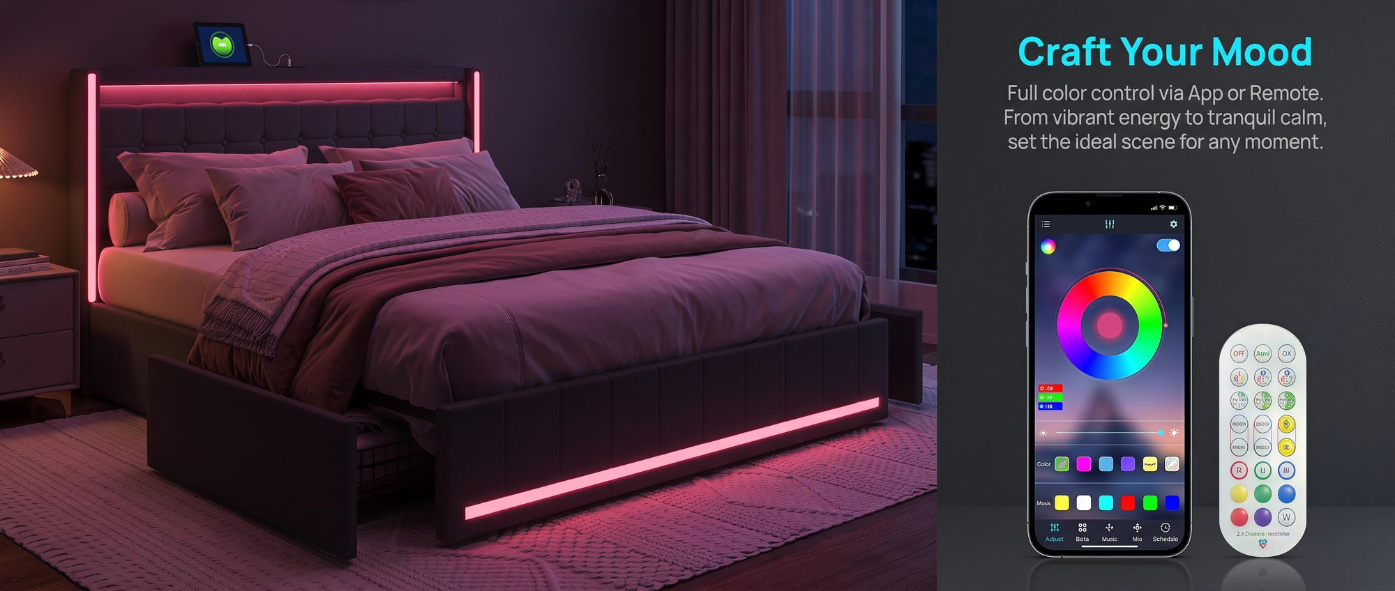 Stauraumbett 180x200cm, Bett mit Stauraum, 4 Schubladen, Polsterbett mit LED und USB, Doppelbett Bettgestell mit Lattenrost, Jugendbett, Leinen, Grau