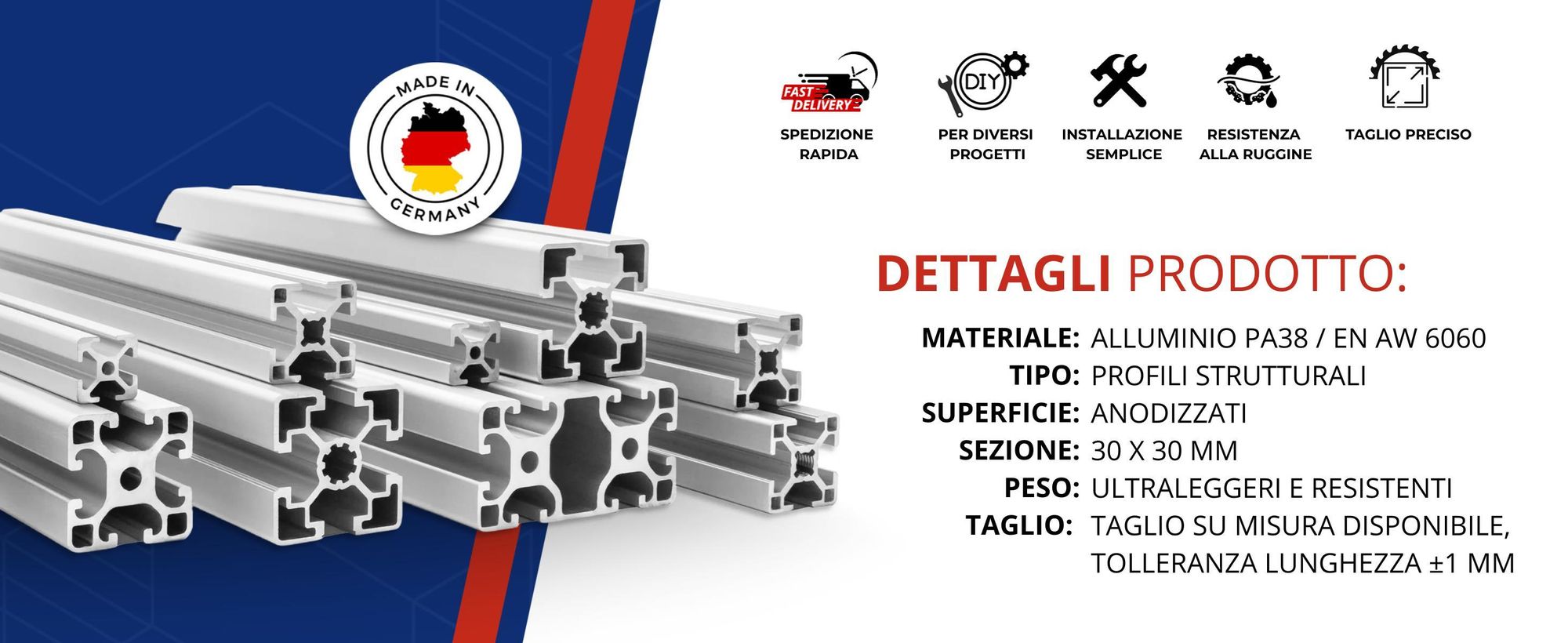 Profilo Di Costruzione In Alluminio 30X30 R8 200Cm Anodizzato + Tagliato Su Misura