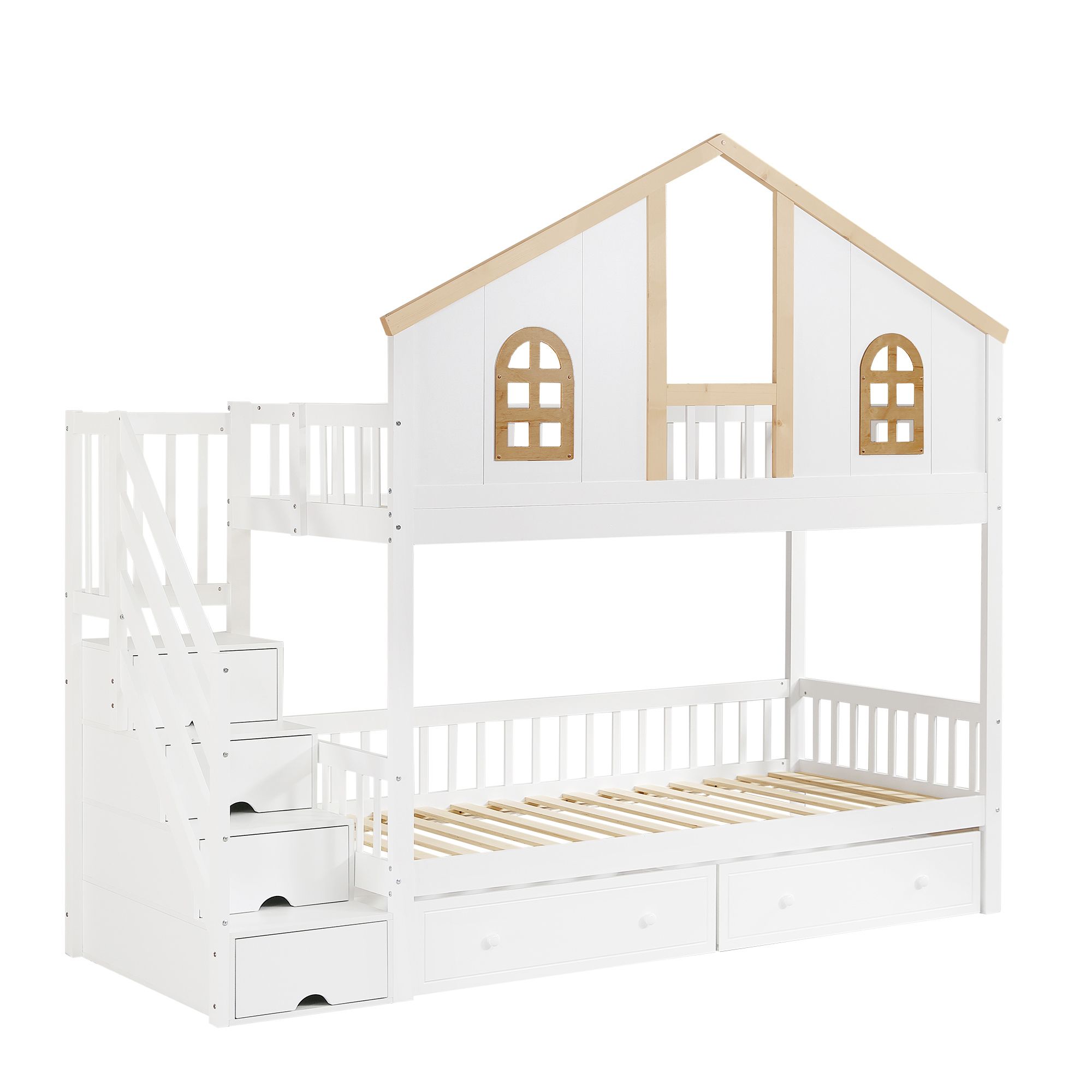 Flieks Etagenbett 90x200cm mit Schubladen, Kinderbett Hausbett mit Treppe, Stockbett Hochbett mit Rausfallschutz und Lattenrost, Einzelbett 2 Kinder