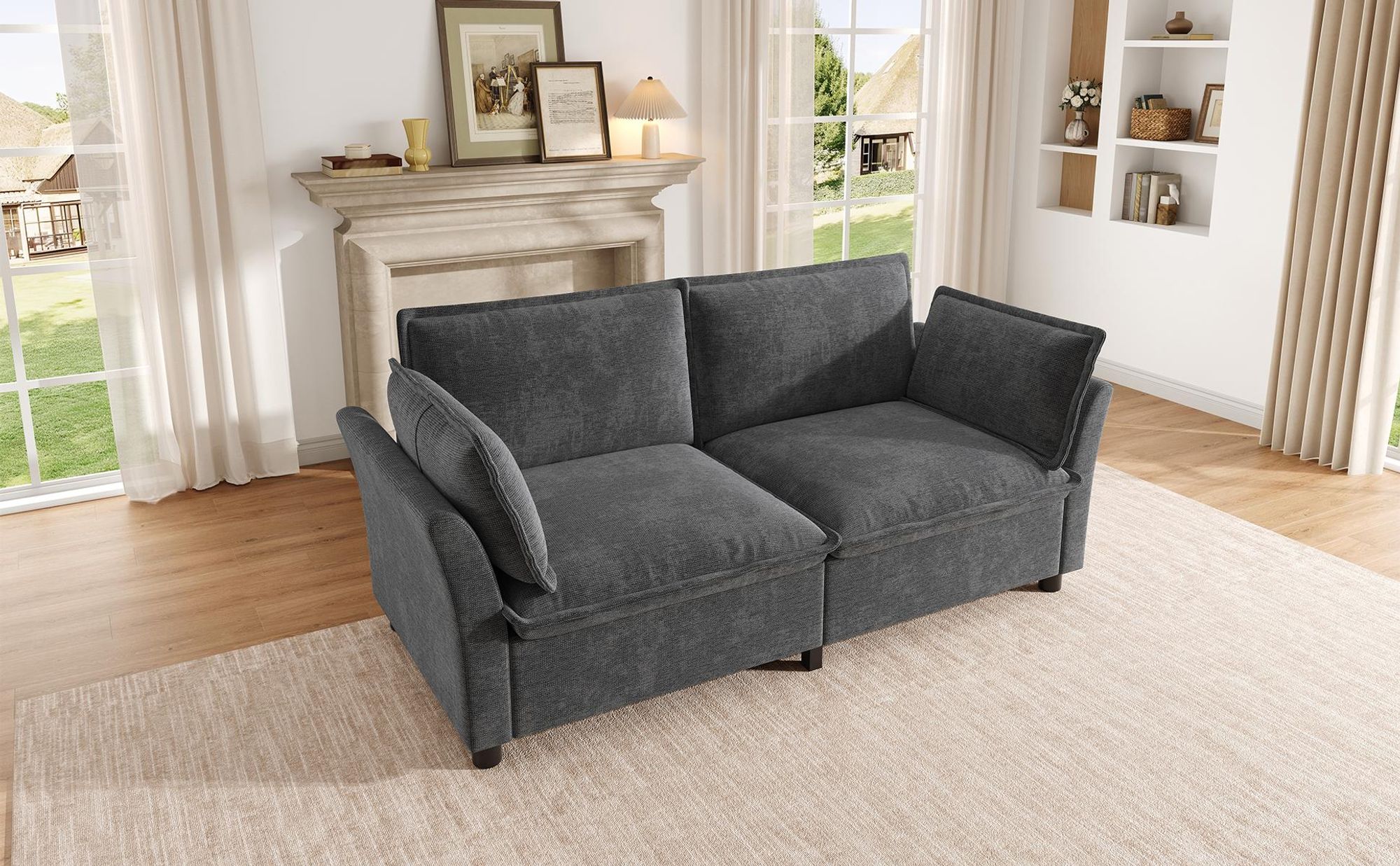 Merax 2-Sitzer Sofa modern, Loveseat mit Cloud Sitzkomfort, Chenille Sofa mit dicken Polstern & 2 Armlehnenkissen, kleines Wohnzimmer Sofa, Grau