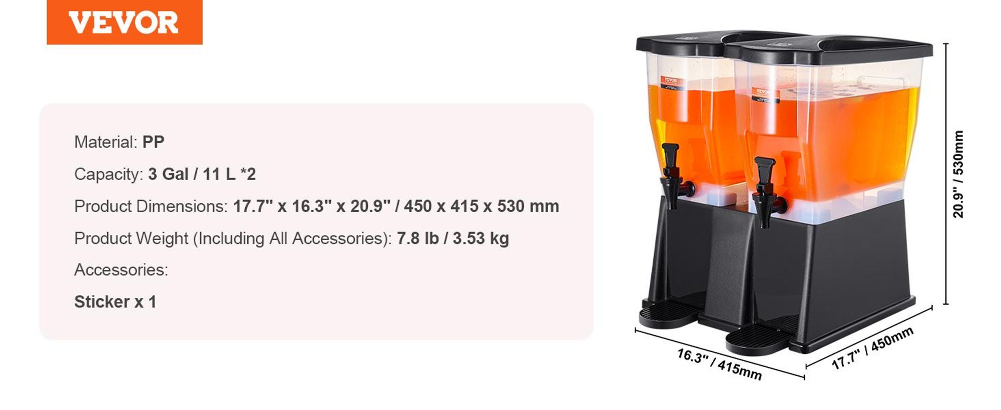 VEVOR Getränkespender, 11 L x 2 Getränkespender für Partys, Saftspender aus Kunststoff mit Standhahndeckel, Eistee-Limonadensaft-Wasserspender, für Restaurants, Hotels, Partys
