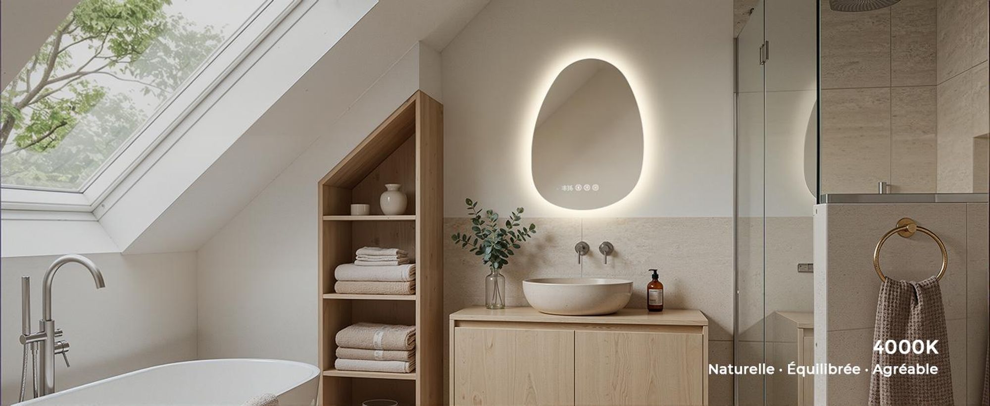 S'AFIELINA Miroir de salle de bain avec éclairage Asymétrique 60 x 45 cm avec 3 couleurs de lumière réglable, antibuée, Bluetooth, horloge, température, fonction mémoire