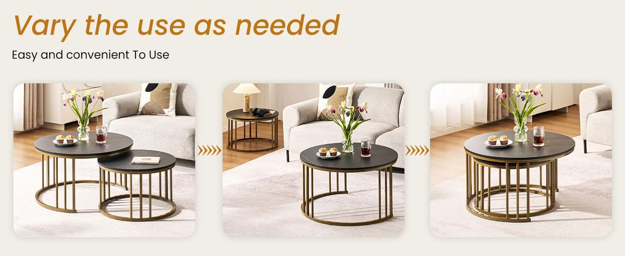 CLIPOP Couchtisch 2er Set Rund mit Marmoroptik, Metallgestell Gold Beistelltisch für Wohnzimmer Ø70+50cm, Schwarz