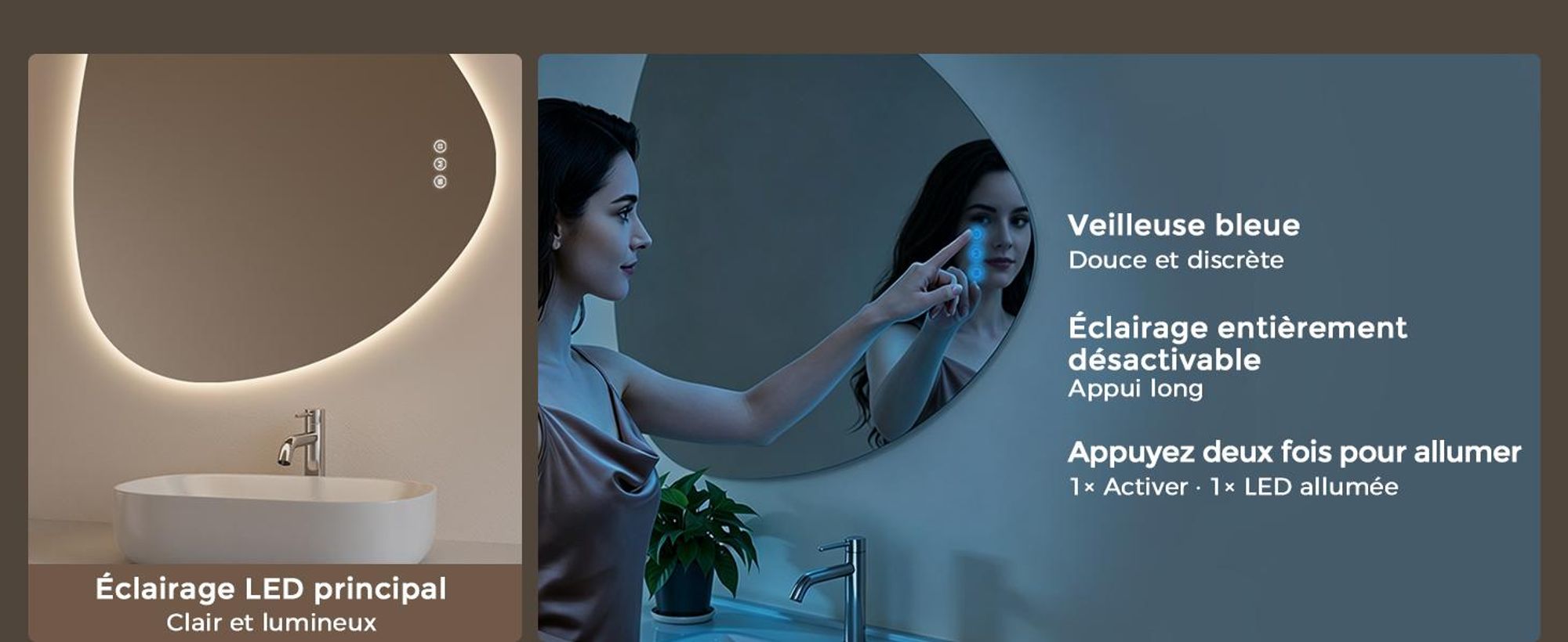 Miroir de salle de bain asymétrique AFIELINA avec éclairage LED, 60 x 70 cm, sans cadre, 3 couleurs de lumière, variateur d'intensité, anti-buée, fonction mémoire