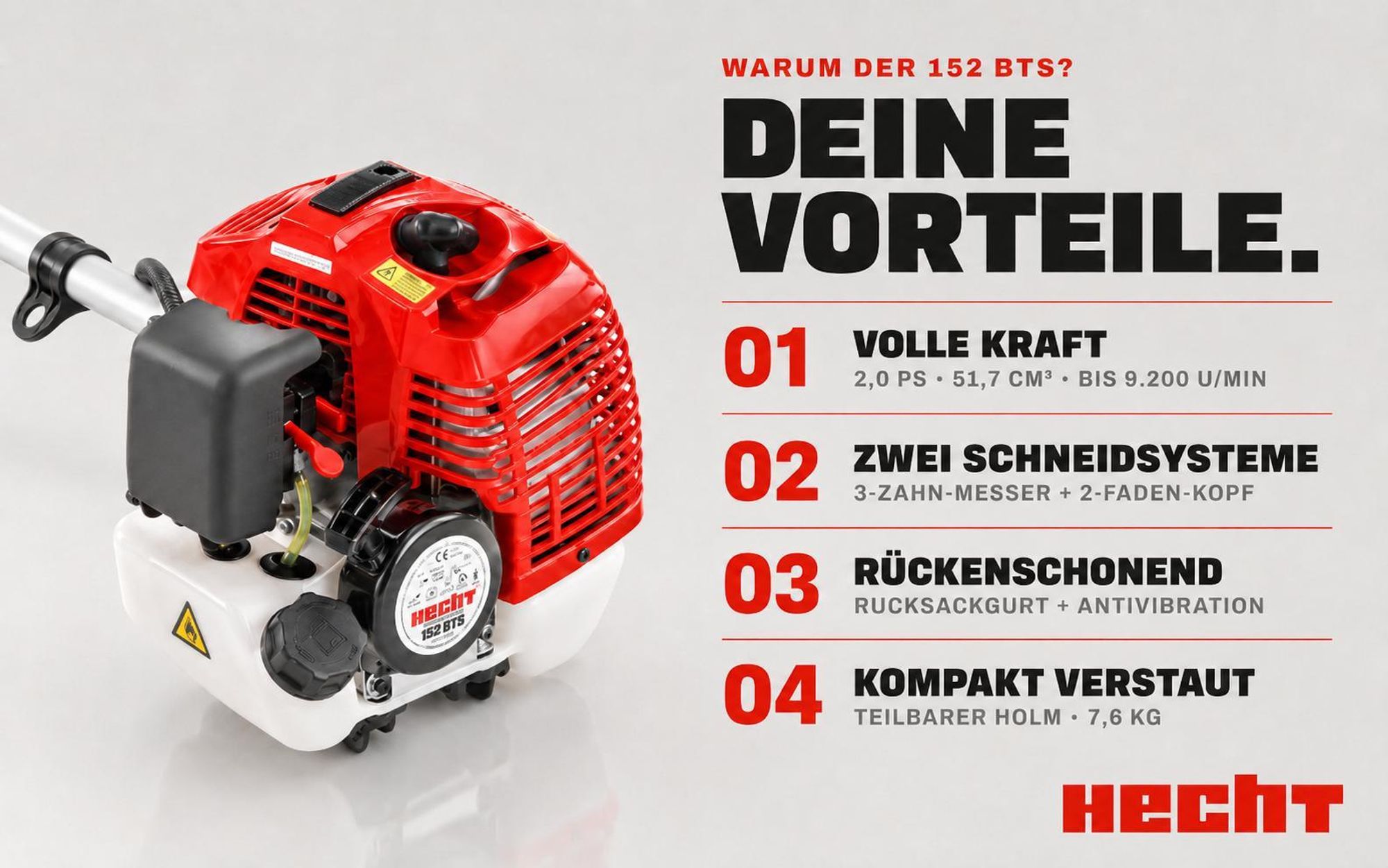 HECHT 152 BTS Freischneider Benzin | mit Tragegurt | 25,5 und 43 cm Schnittkreis | 2 PS | 51,7cm³