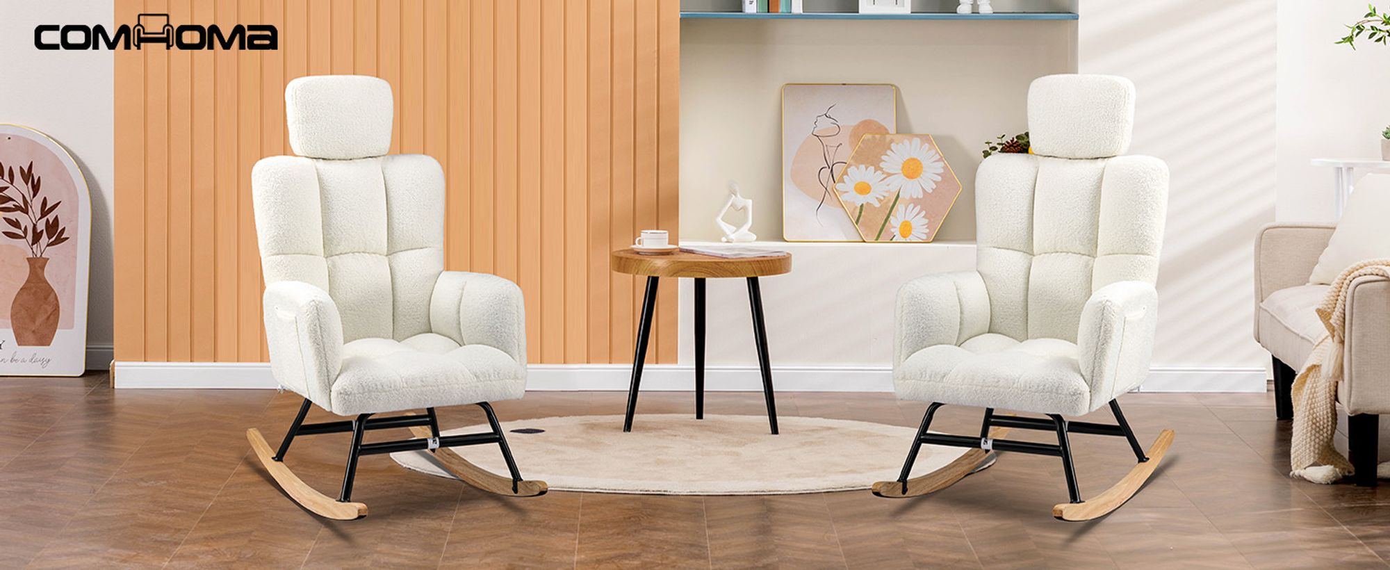 COMHOMA Schaukelstuhl mit Hocker, Relaxsessel, Ohrensessel aus Teddy-Plüsch Schaukelsessel, bis 150 kg belastbar, sonnenliege gartenliege beige