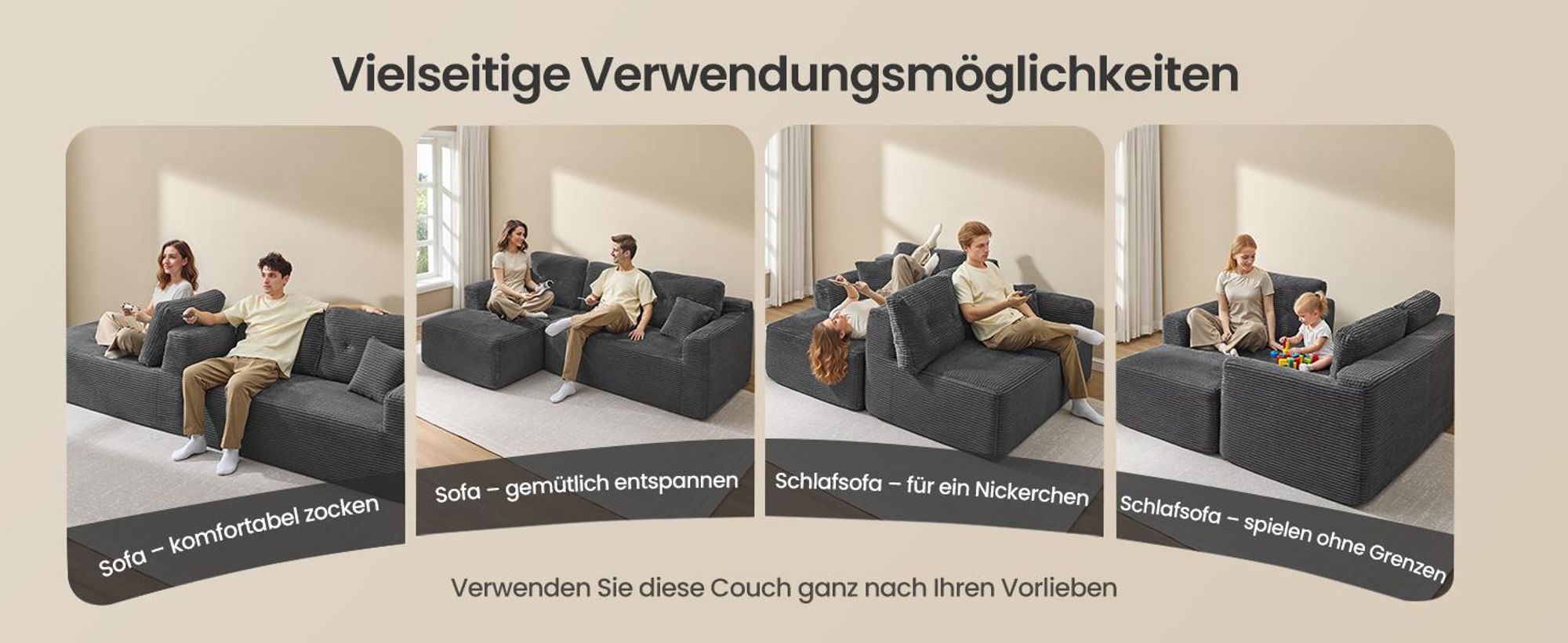 VASAGLE Modulares Sofa, Ecksofa mit Liege links, 244 cm breit, vakuumverpackt, keine Montage erforderlich, grau