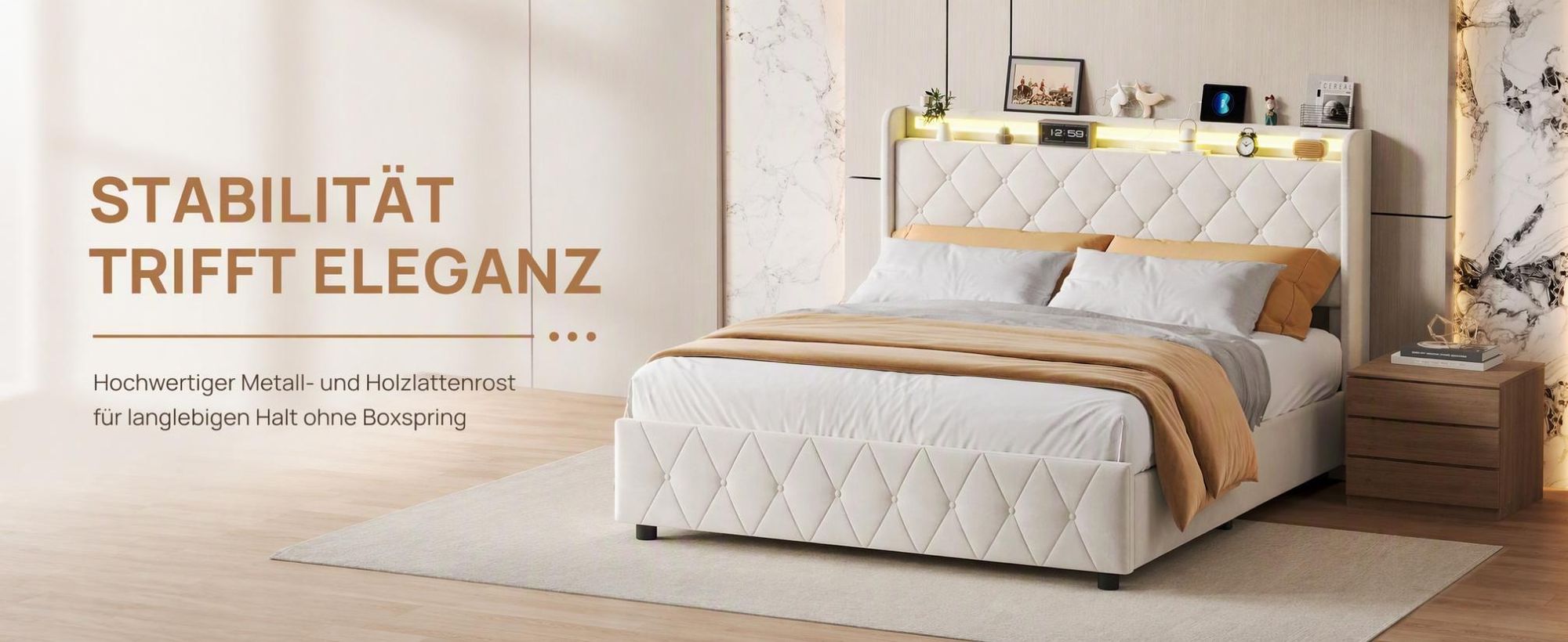 INONEFT Boxspringbett Polsterbett 140x200 mit LED & USB/C,Doppelbett Bett mit 4 Schubladen und Lattenrost,Bettgestell mit Stauraum-Kopfteil,Samt Beige