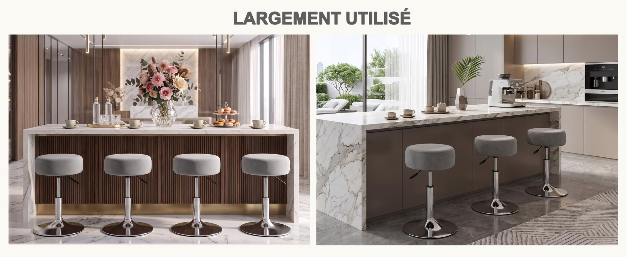 Duhome Tabouret tournant Réglable en hauteur Tabouret de maquillage en velours Tabouret de bar avec rembourrage Tabouret tournant pour chambre à coucher Salon Bistro, gris