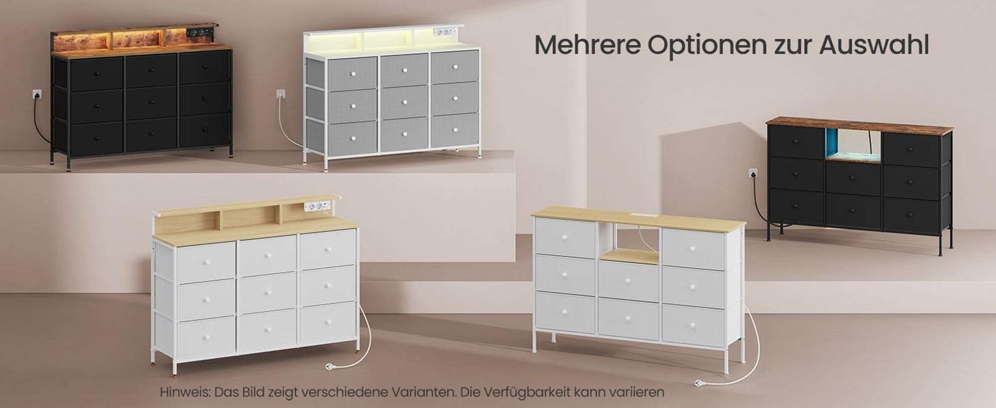 SONGMICS Kommode, Aufbewahrungsschrank mit 9 Schubladen und LED-Beleuchtung