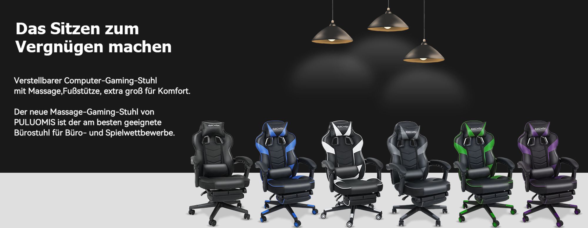 Puluomis Gaming Stuhl mit Massage und Fußstütze, Bürostuhl Chefsessel Schreibtischstuhl Racing Gamingstuhl ergonomischer Stuhl, Sportsitz Höhenverstellbarer Drehstuhl Computerstuhl , Inkl. Kopfstütze, Lendenkissen , MB bis 150Kg, (Schwarz)
