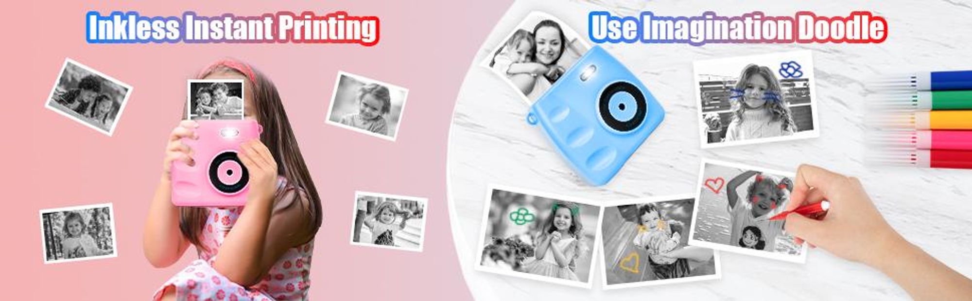 Kinderkamera, Sofortbildkamera, DigitalKamera, 1080P 2,4 Zoll Bildschirm, mit 3 Rollen Druckpapier&32GB Karte, Geschenk für Kinder