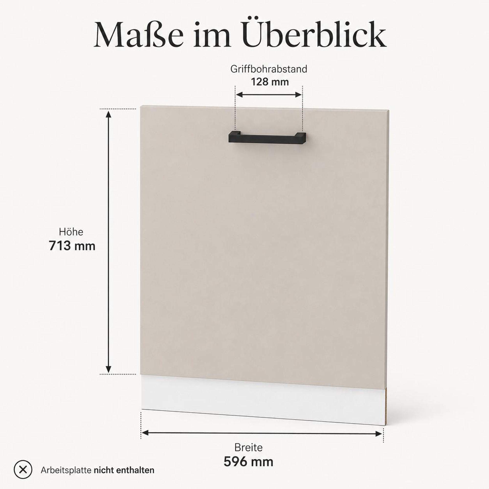 Abmessungen der Geschirrspülerfront: 596 x 713 mm, Griffbohrabstand 128 mm